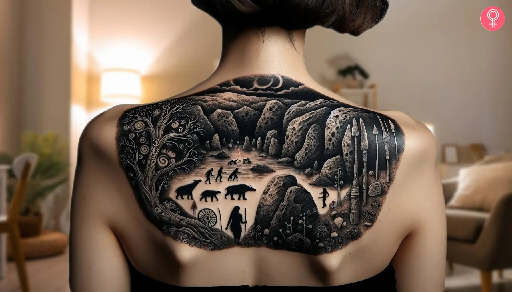 Woman with Stone Age tattoo on her upper back