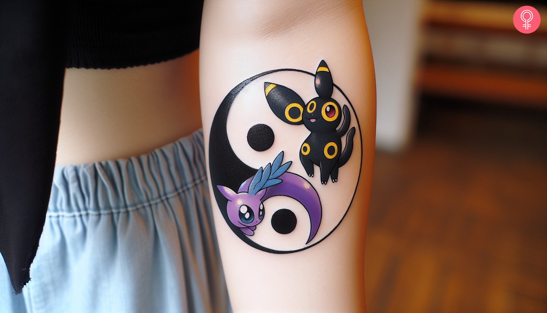 Woman with Umbreon Espeon Yin Yang tattoo on her forearm