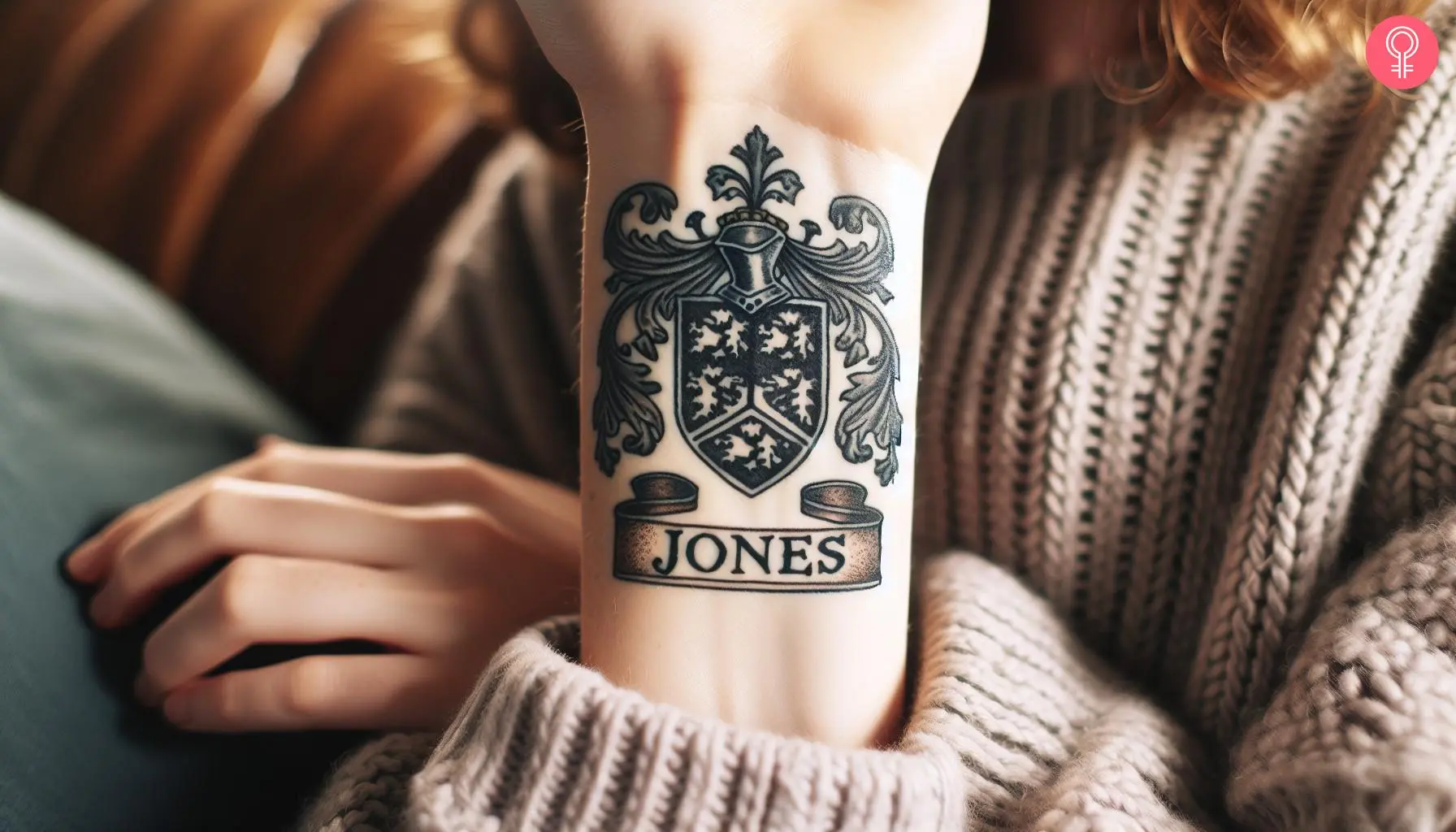 Woman with Welsh Jones family crest tattoo on her wrist