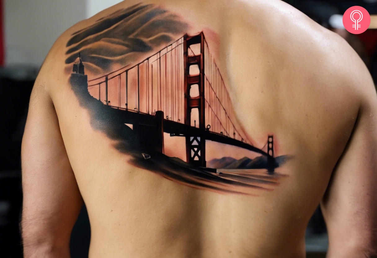 Woman with a Golden Gate bridge tattoo on the back