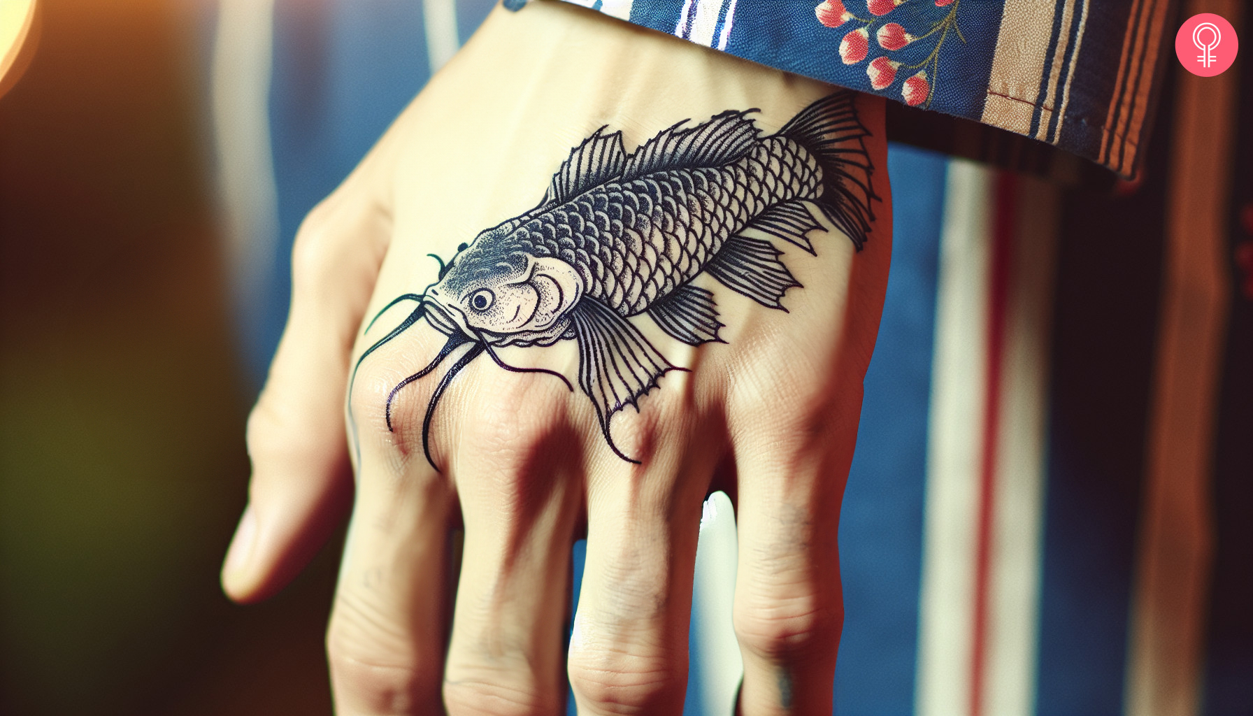 Woman with a Japanese catfish tattoo on her hand