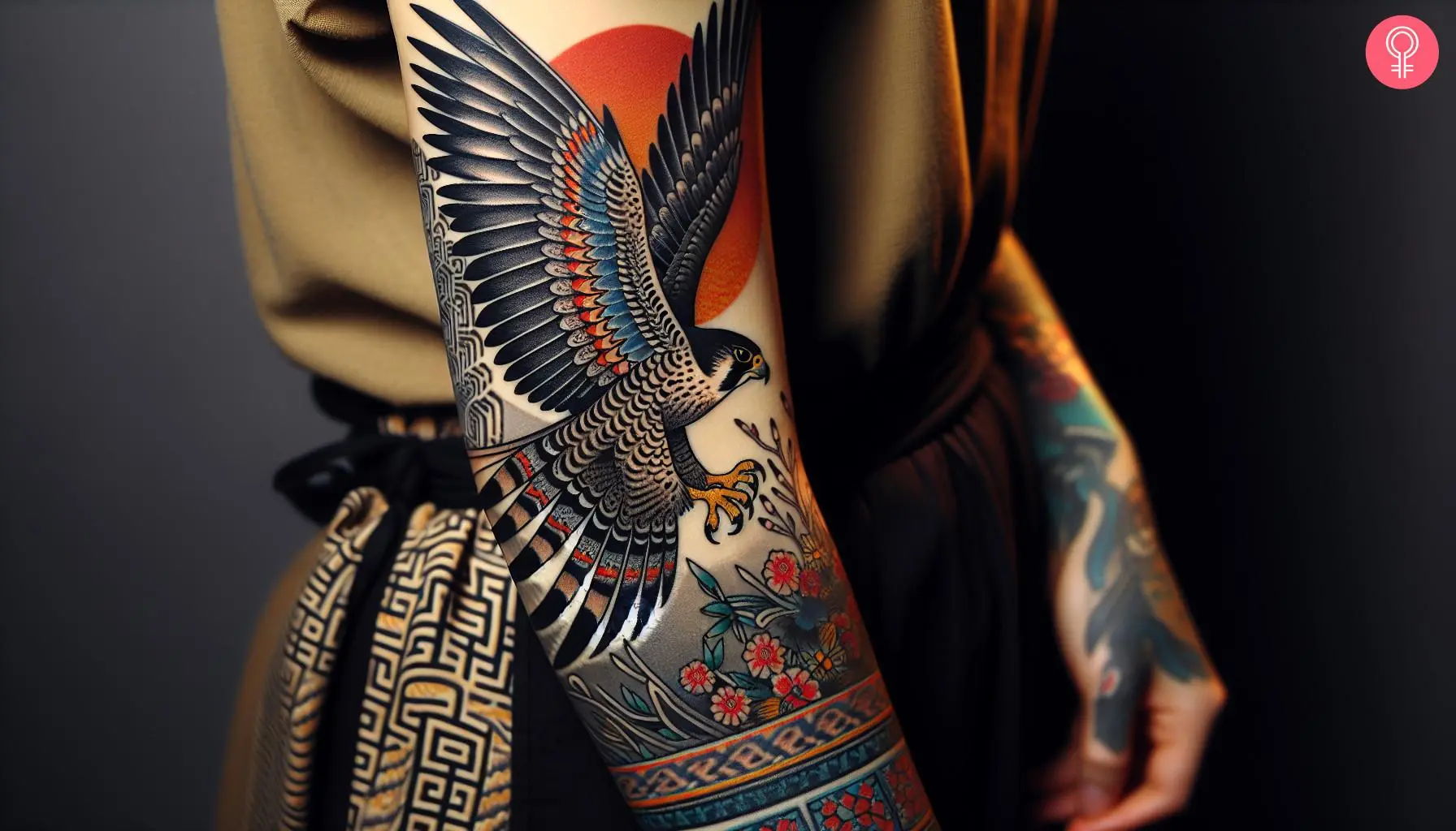 Woman with a Japanese falcon tattoo