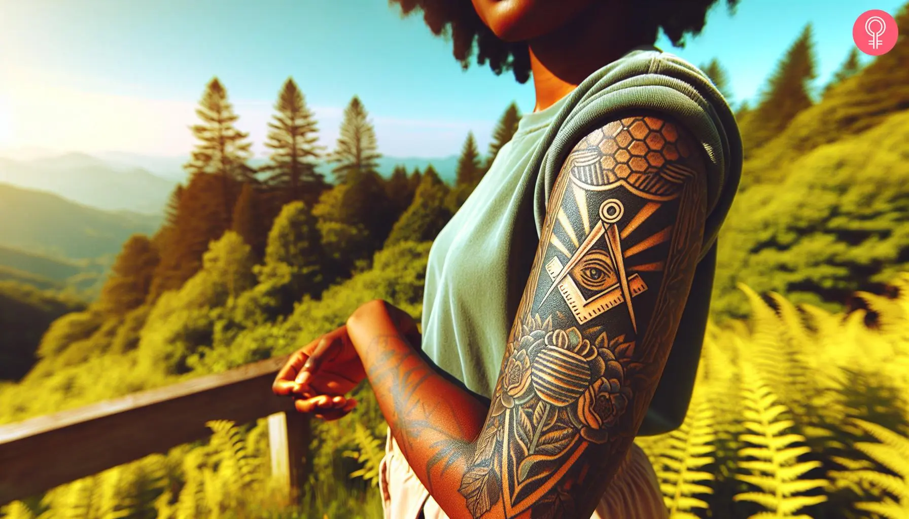 Woman with a Masonic beehive tattoo on the arm