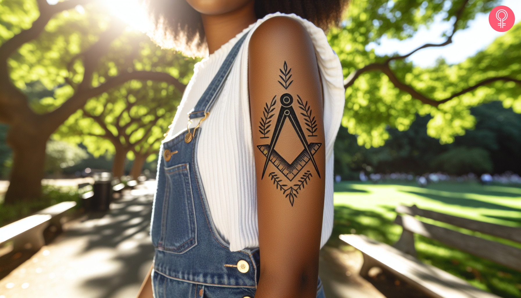 Woman with a Masonic square and compass tattoo on the upper arm