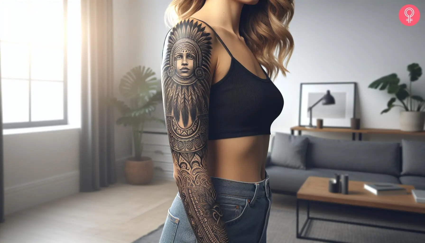 Woman with a Puerto Rico tattoo sleeve