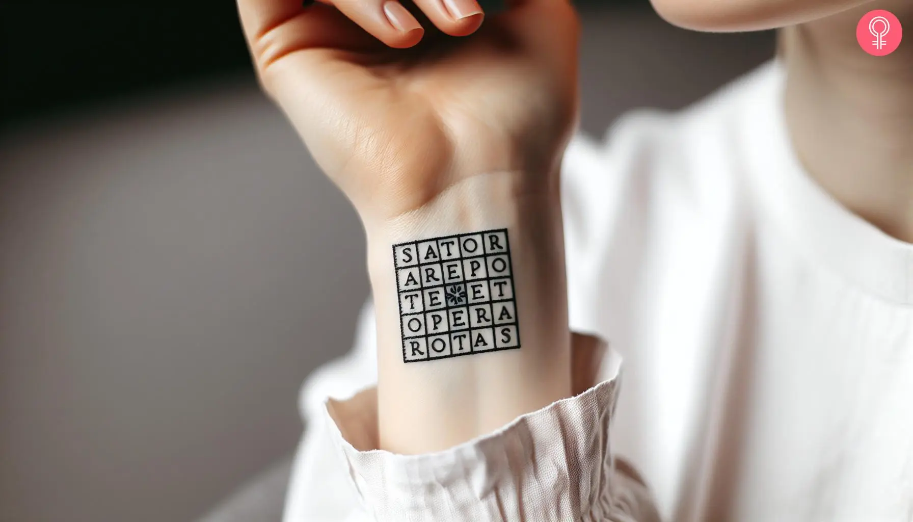 Woman with a Sator square tattoo on the wrist