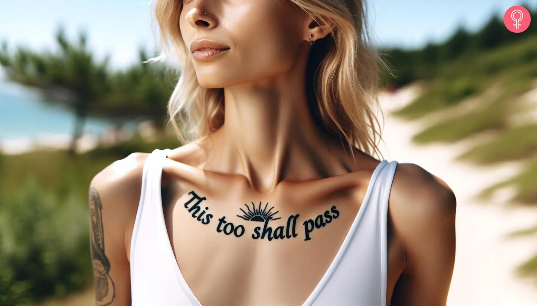 Woman with a ‘This Too Shall Pass’ collarbone tattoo