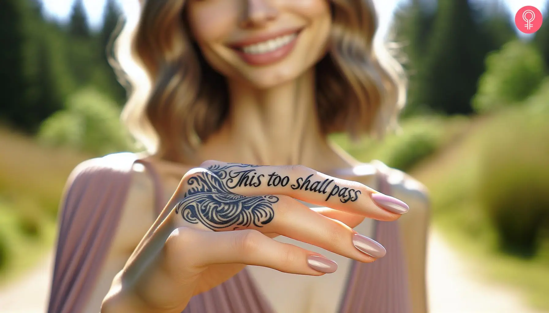 Woman with a ‘This Too Shall Pass’ finger tattoo