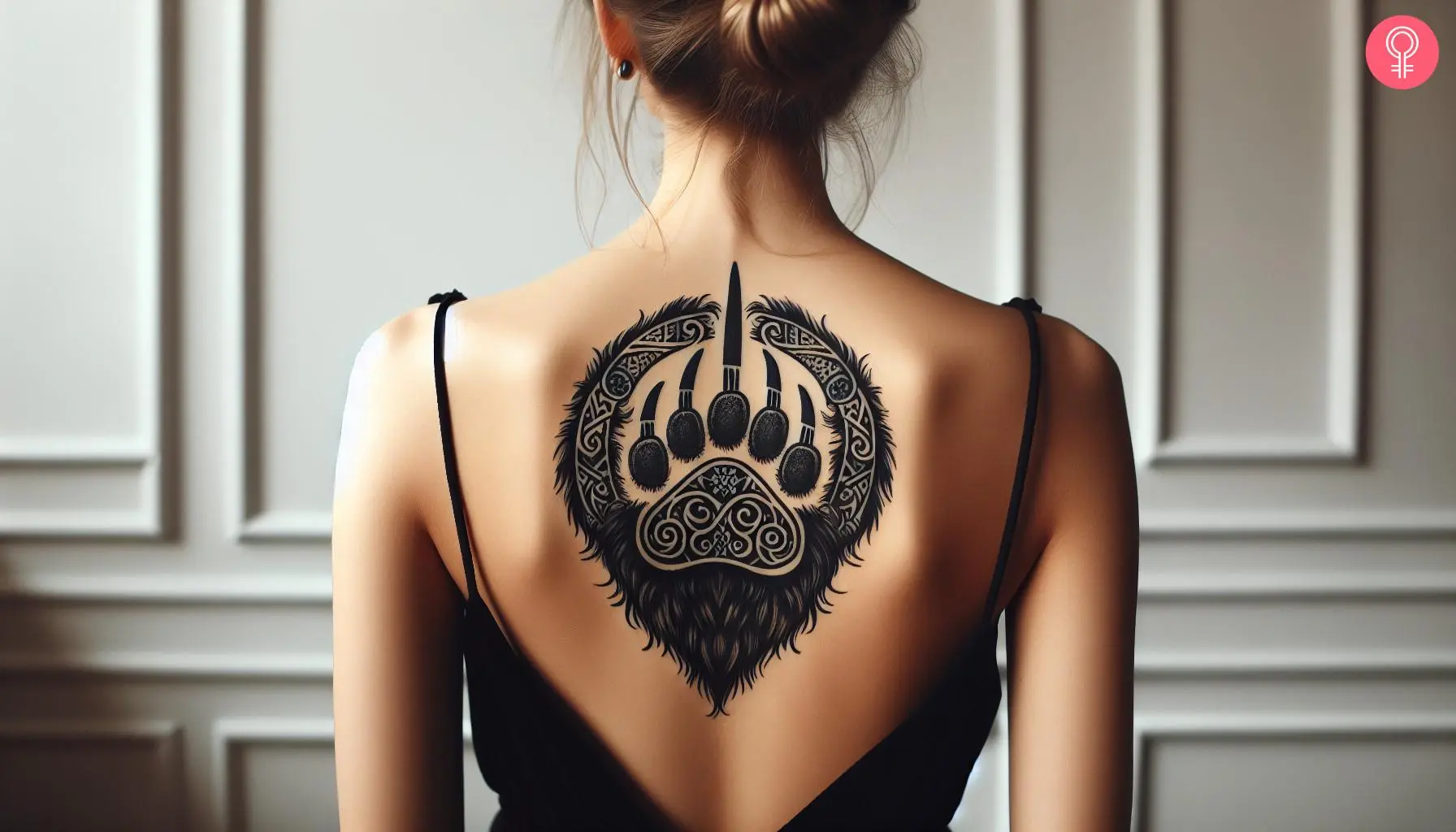 Woman with a Viking bear paw tattoo on her upper back