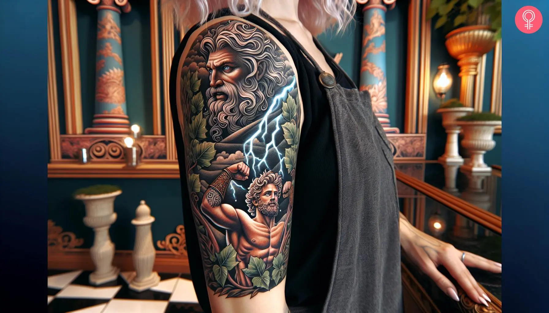 Woman with a Zeus and Hercules tattoo on the upper arm