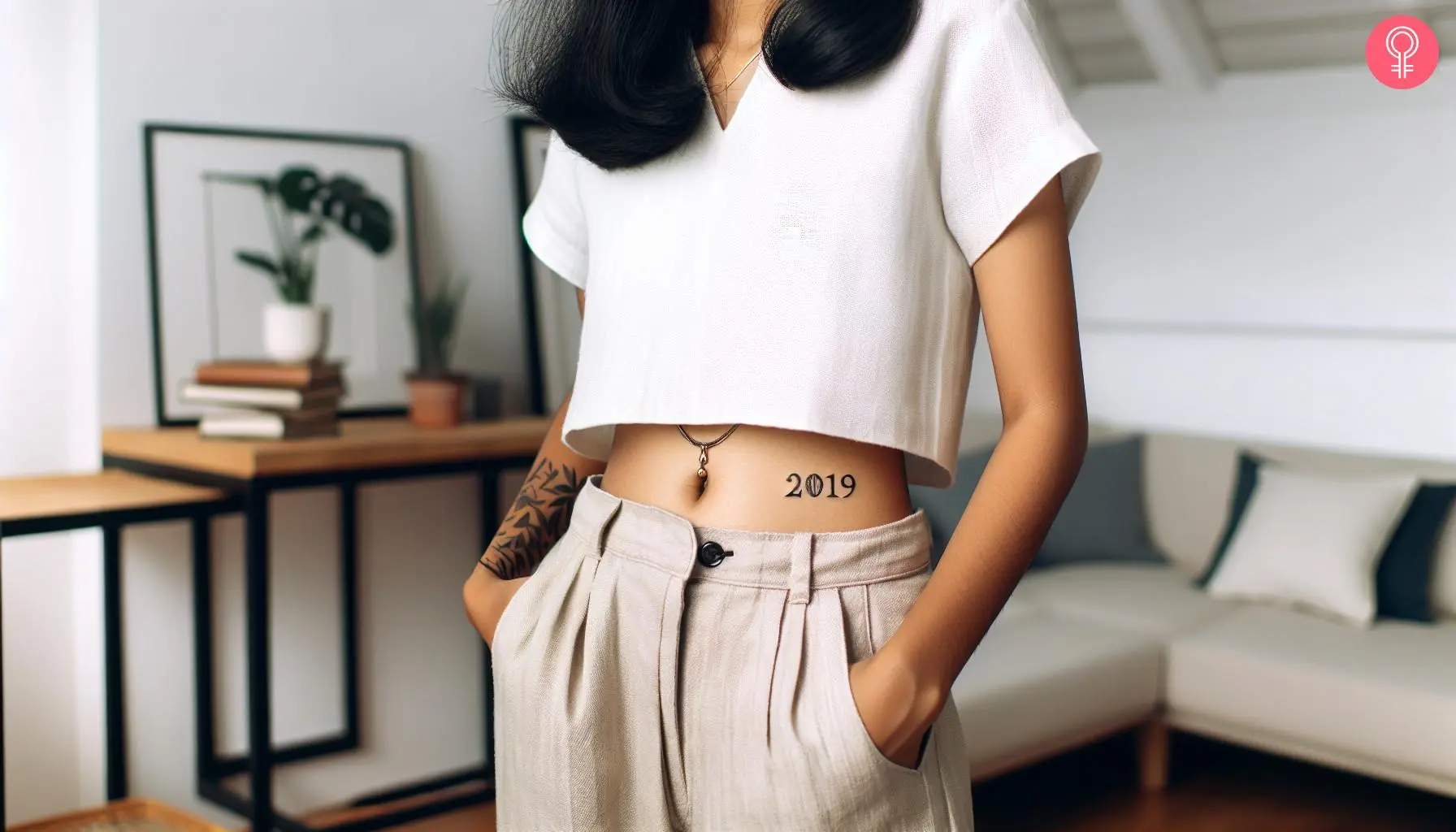 Woman with a birth year tattoo on the stomach