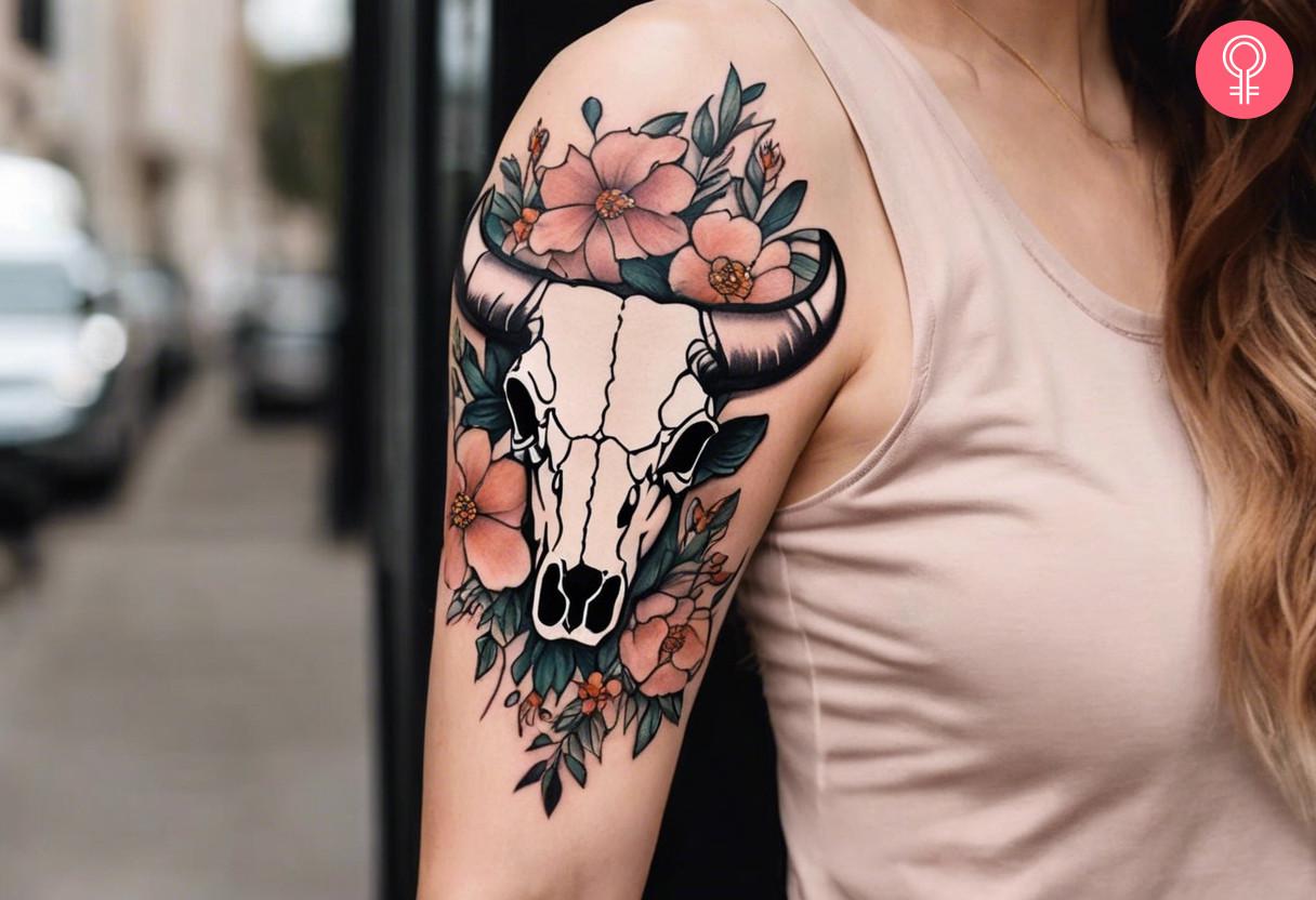 Woman with a bull skull tattoo on her arm