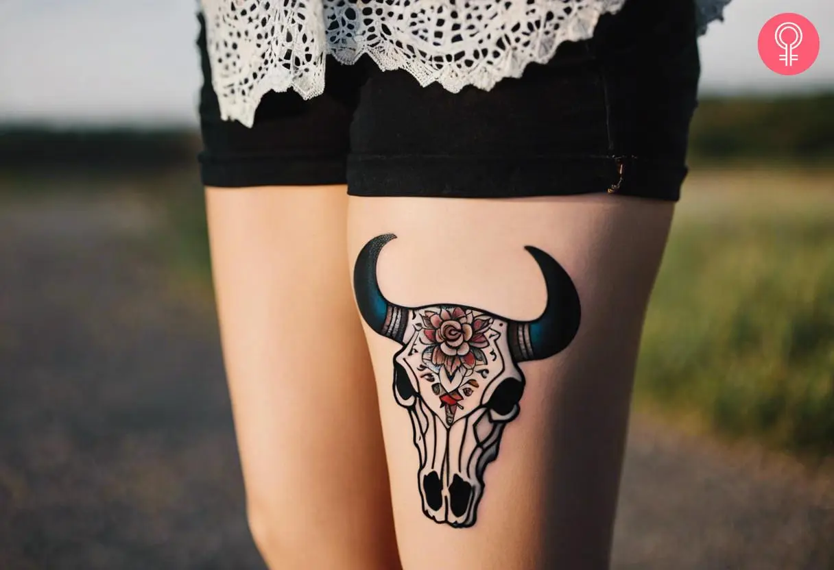 Woman with a bull skull tattoo on the leg