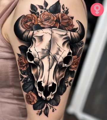 Ox tattoo on the upper arm of a woman