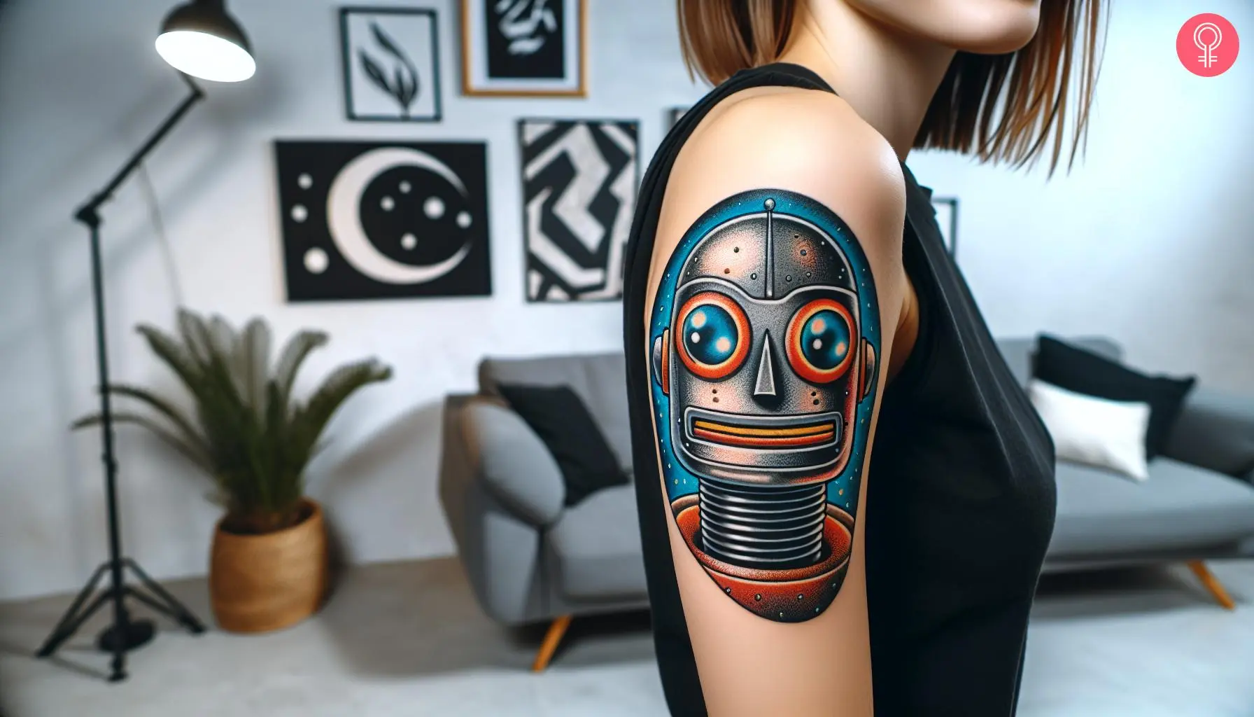 Woman with a cartoon robot tattoo