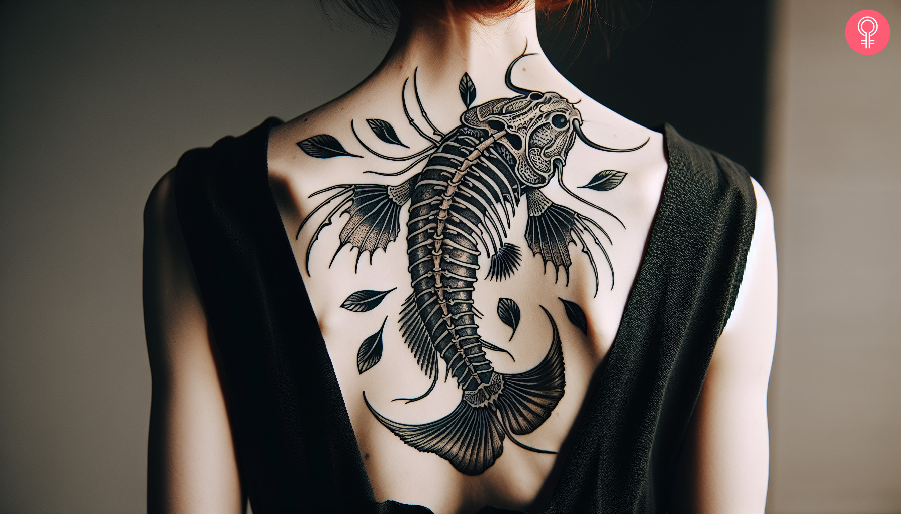 Woman with a catfish skeleton tattoo on her upper back