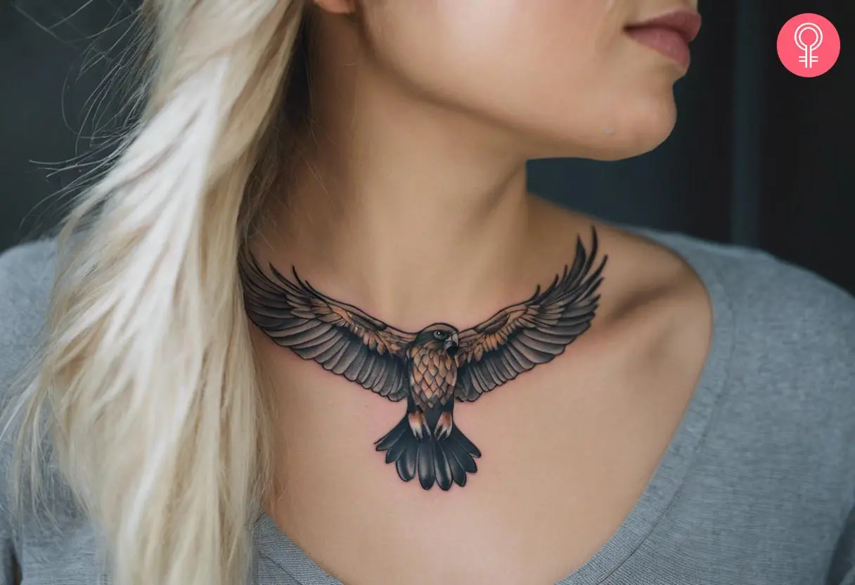 Woman with a falcon chest tattoo