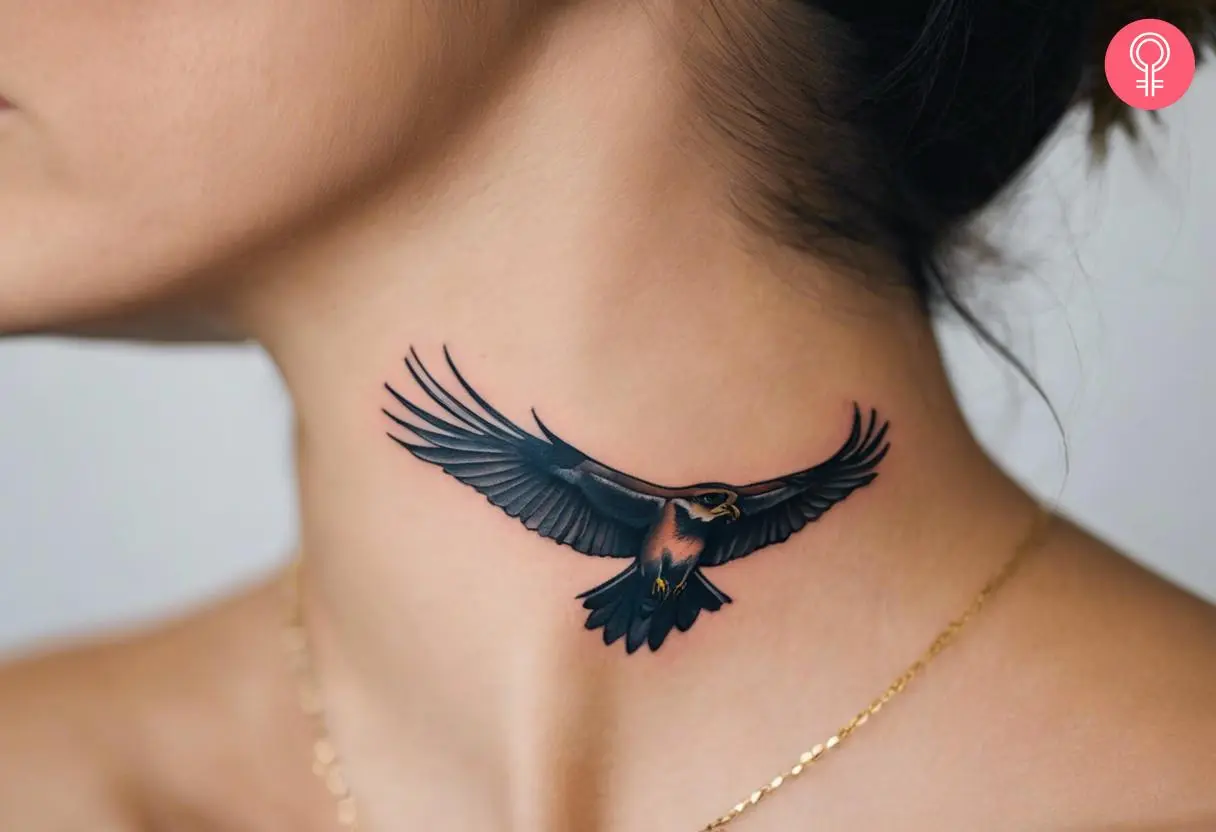 Woman with a falcon neck tattoo