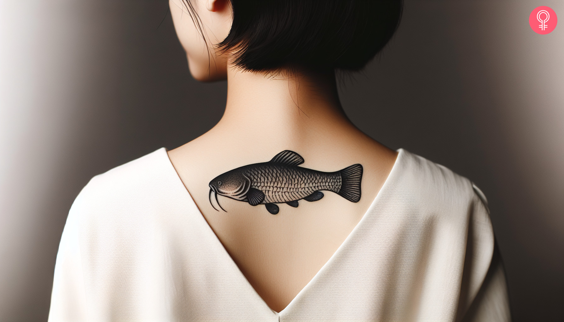 Woman with a flathead catfish tattoo on her upper back