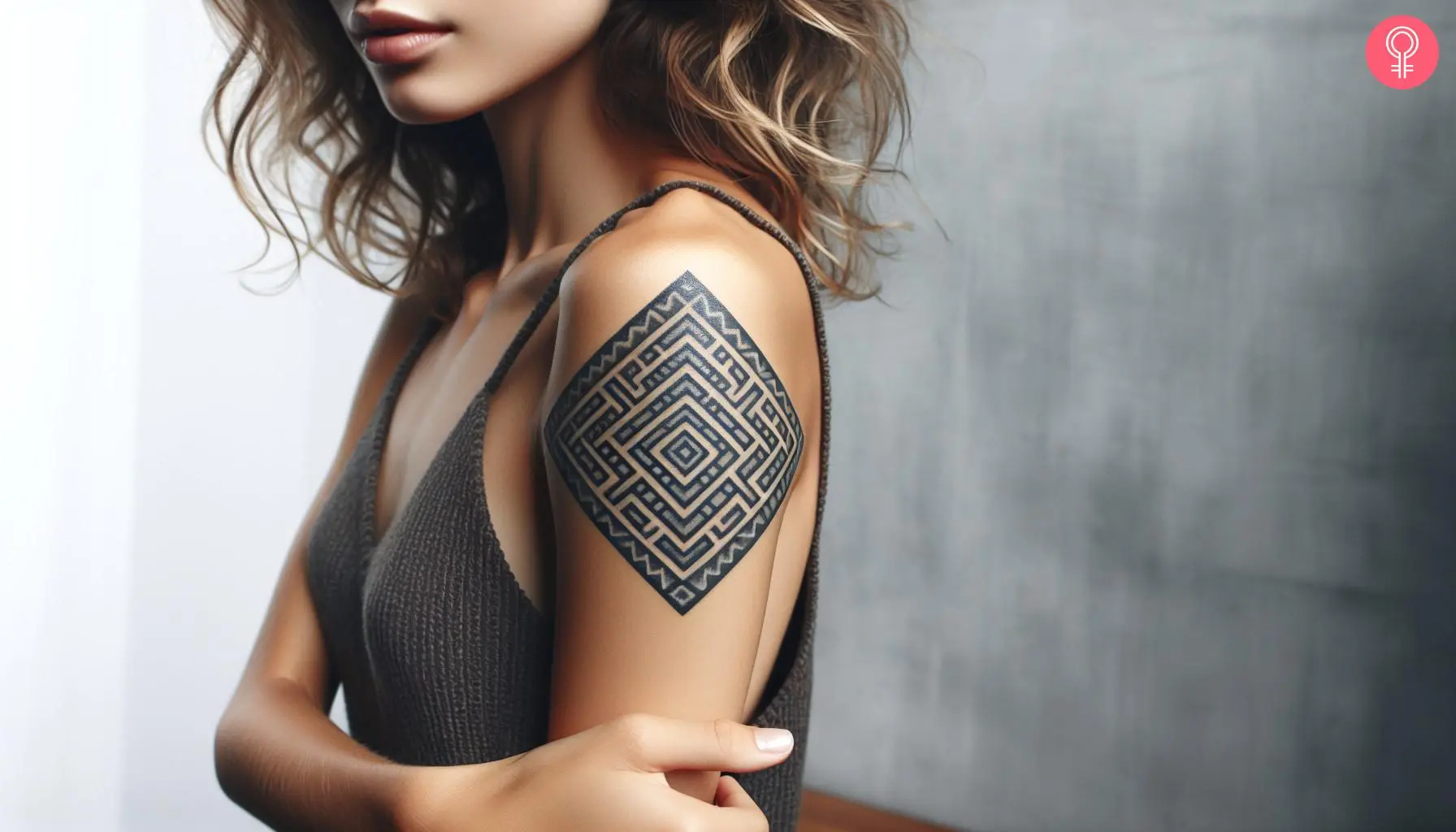 Woman with a geometric square tattoo the upper arm