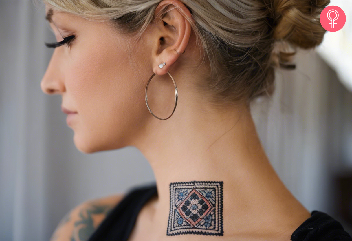 Woman with a granny square tattoo on the neck