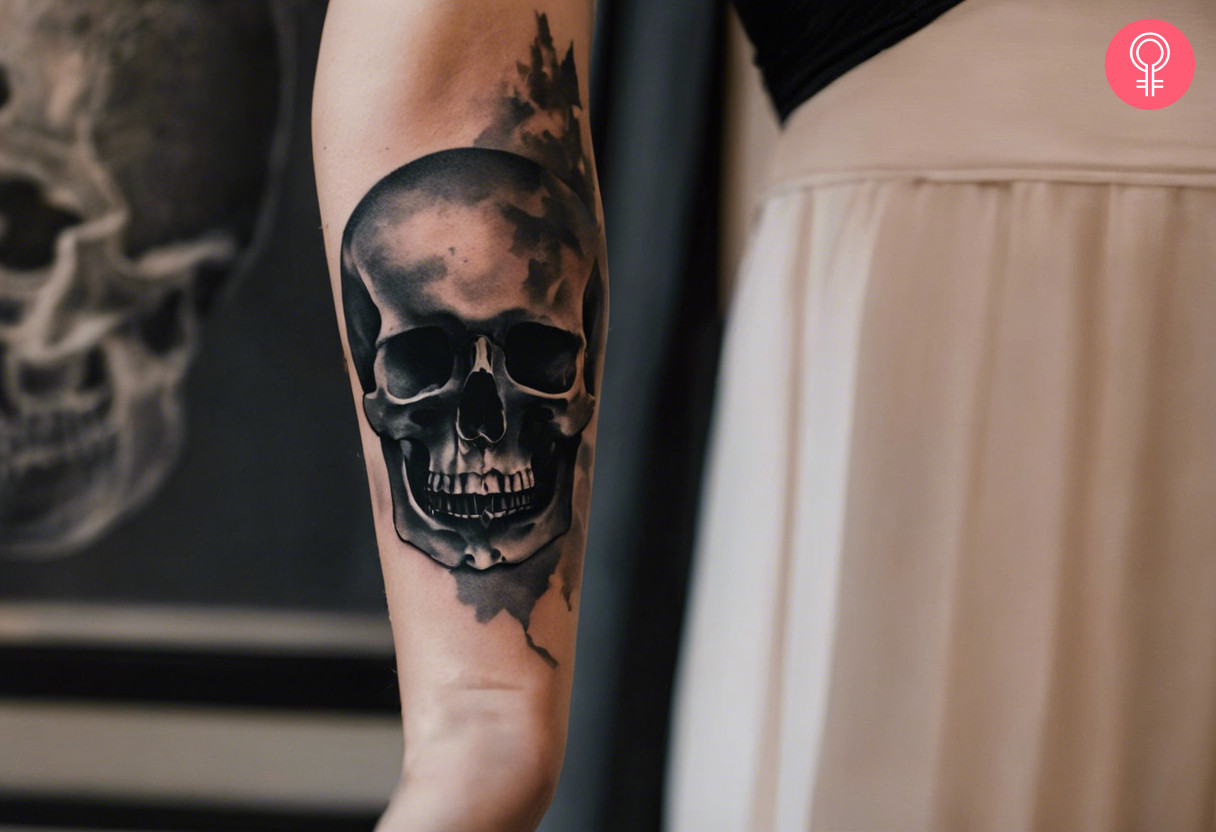 Woman with a grunge dark edgy tattoo on the forearm