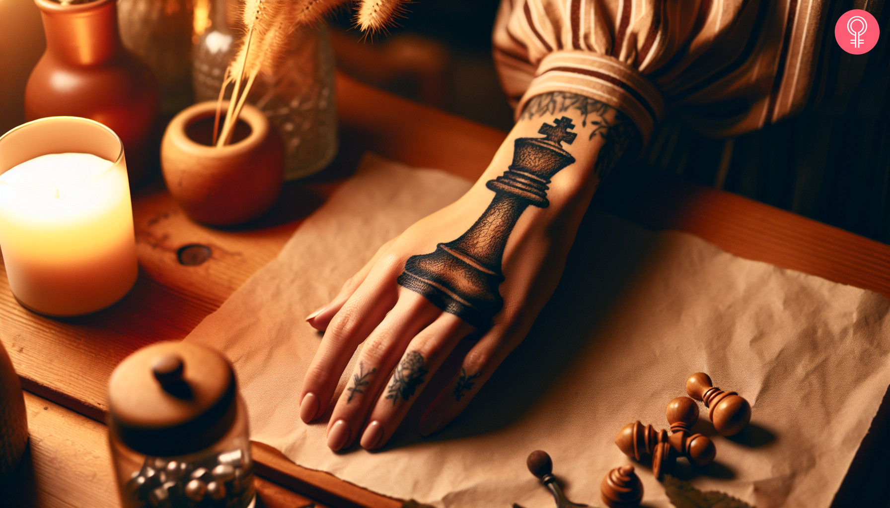 Woman with a king chess piece hand tattoo