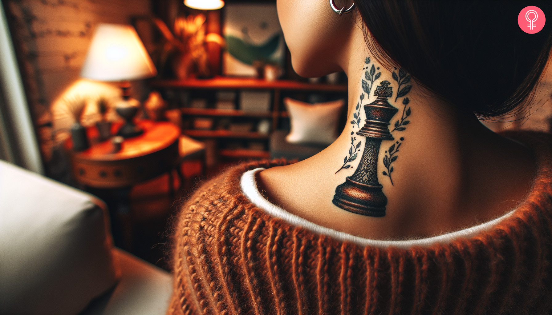 Woman with a king chess piece neck tattoo