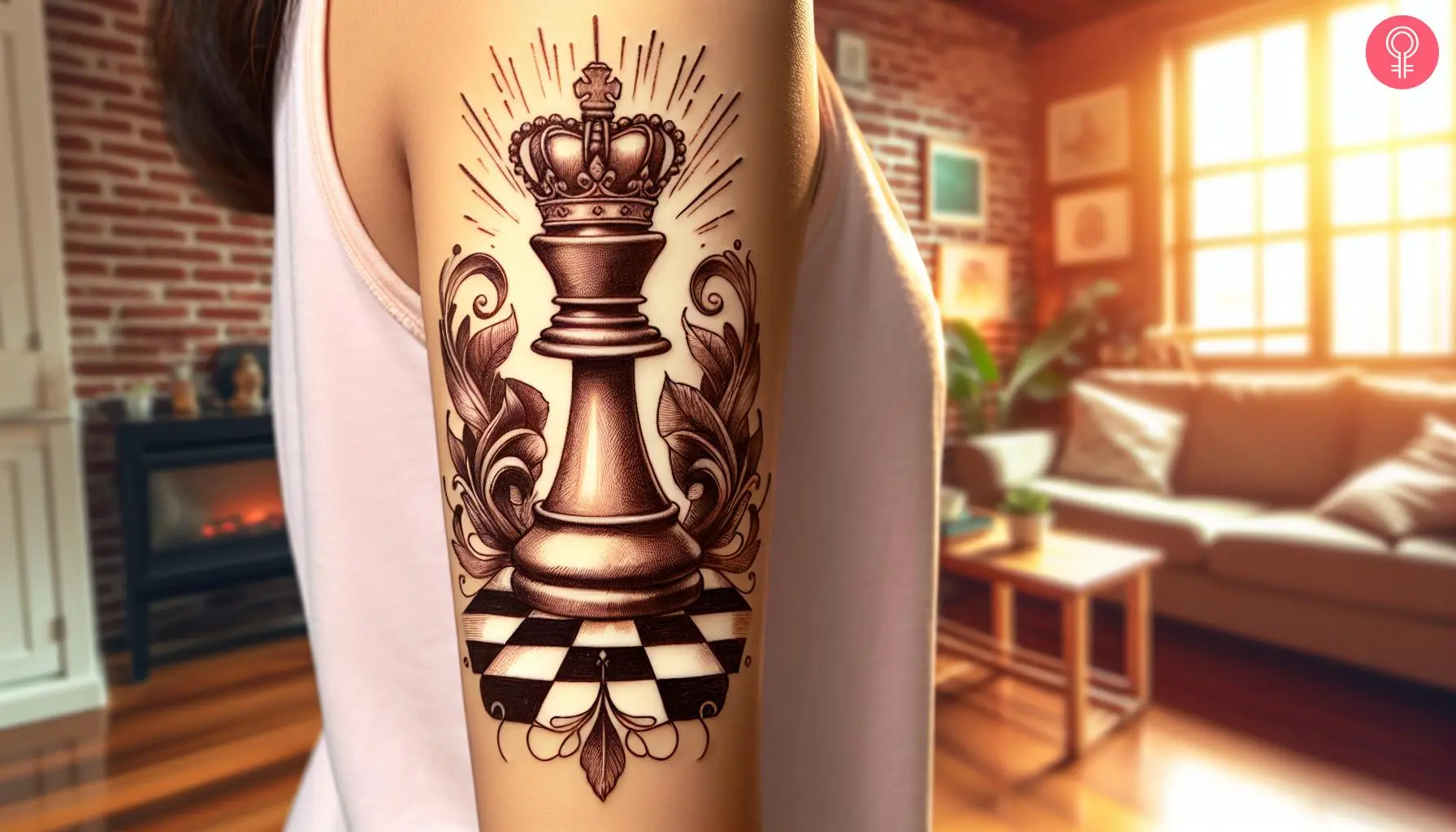 Woman with a king chess piece with a crown tattoo