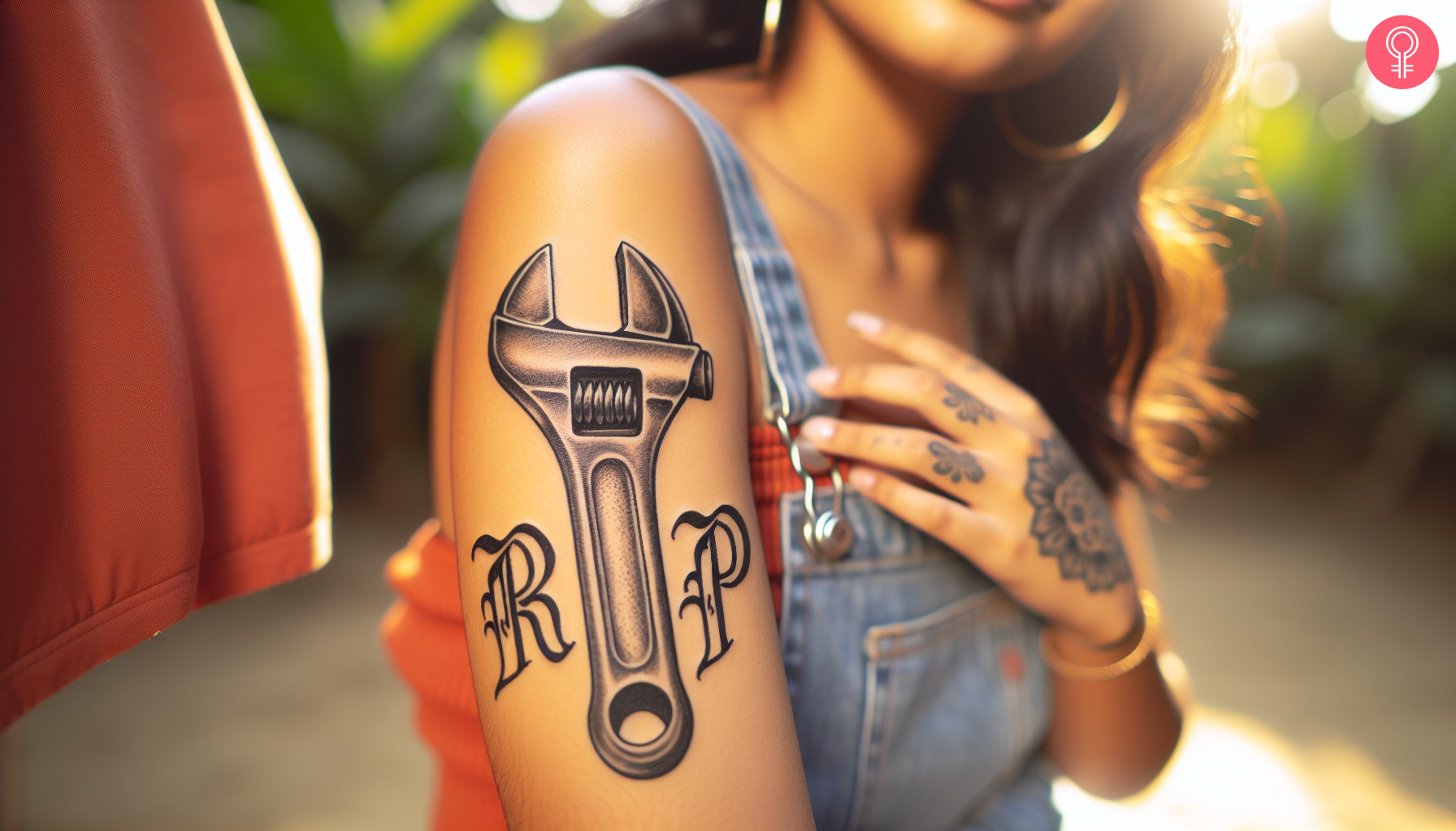 Woman with a memorial wrench tattoo on the upper arm