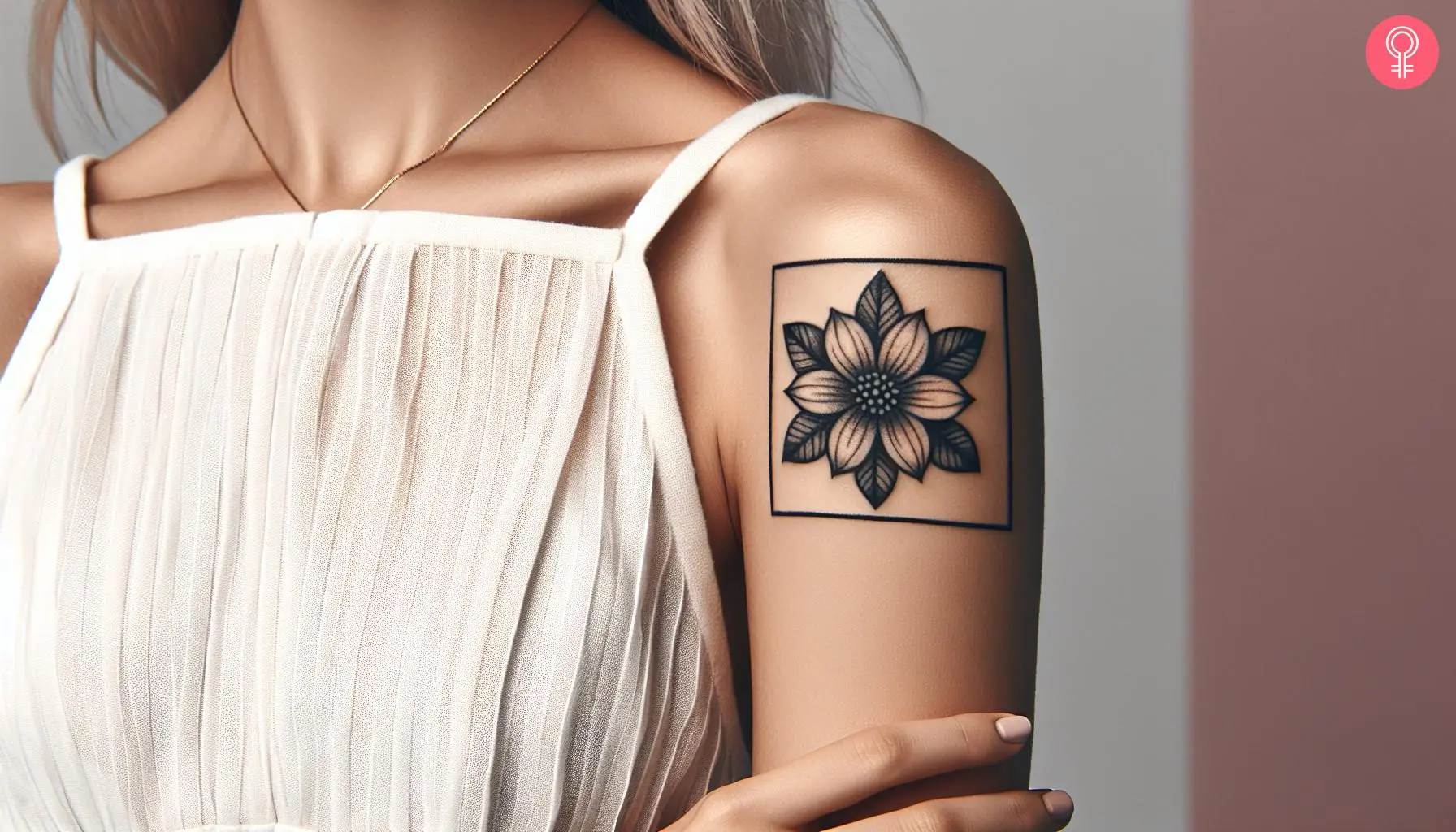 Woman with a minimalist square tattoo on the upper arm