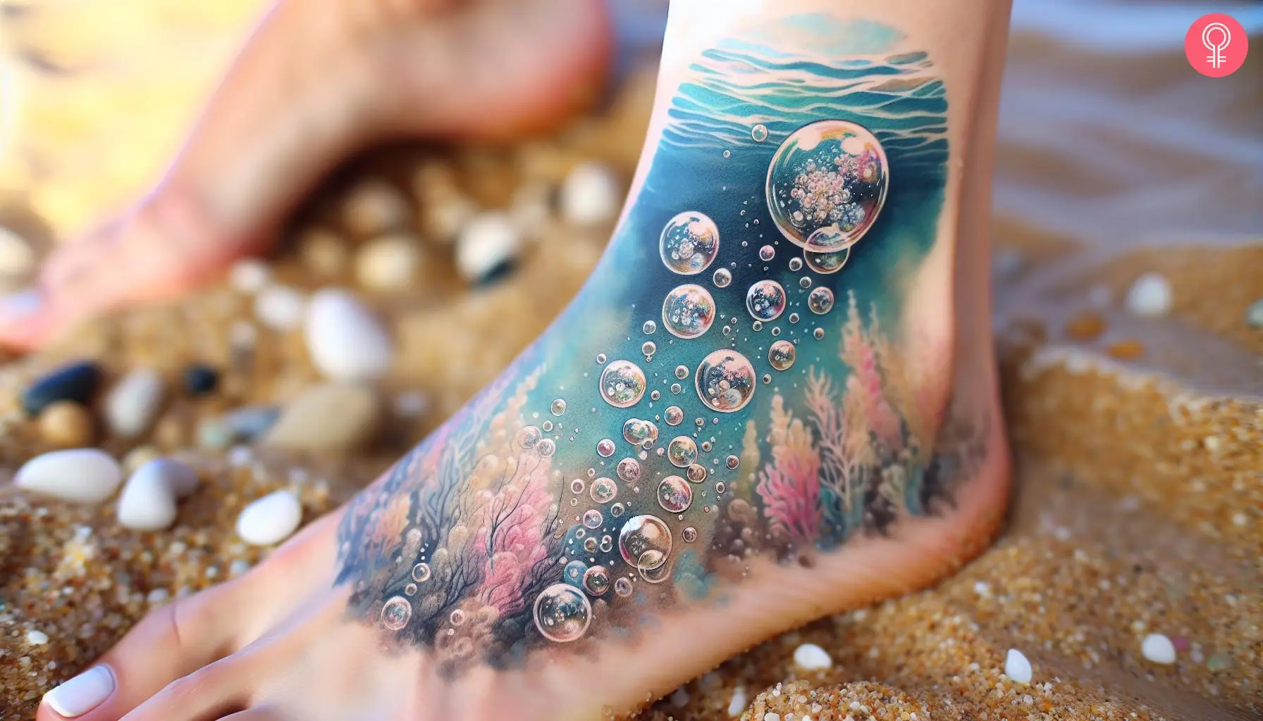 Woman with a ocean bubble tattoo on the leg