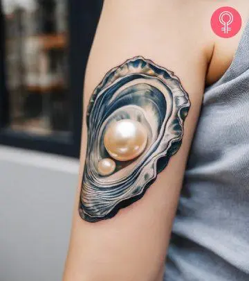 A woman with a simple oyster tattoo on her upper arm