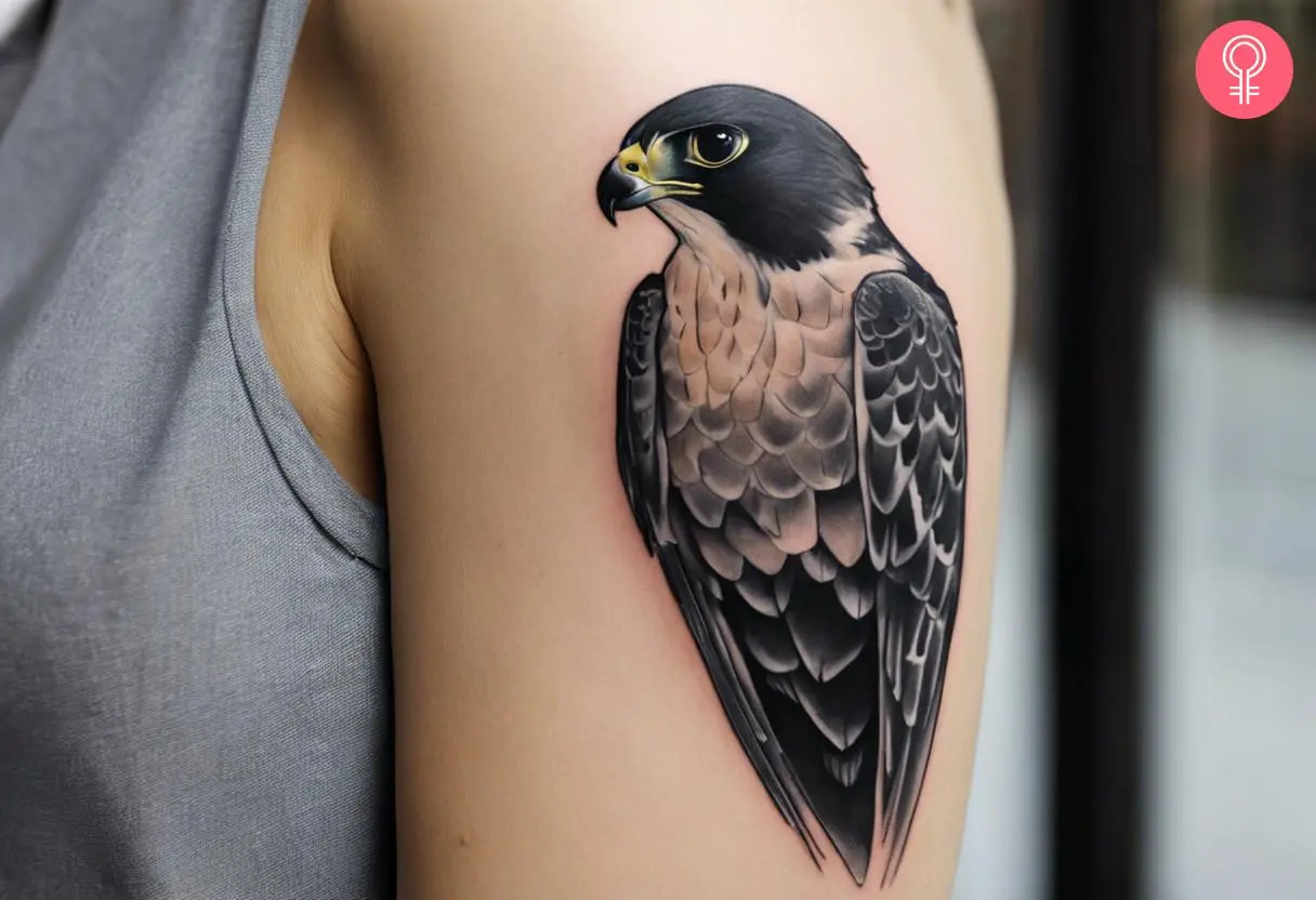 Woman with a peregrine falcon tattoo