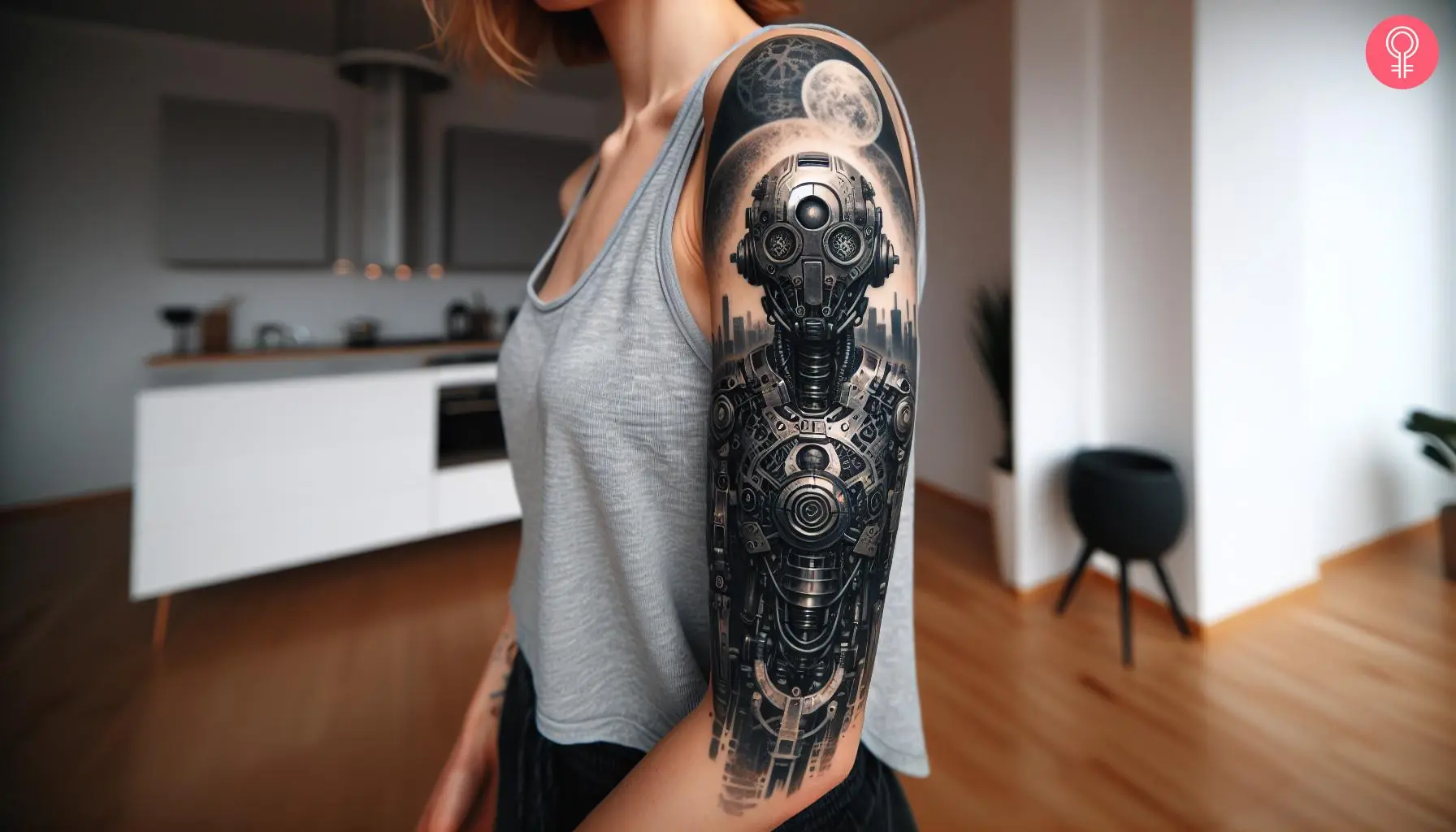 Woman with a robot arm tattoo sleeve