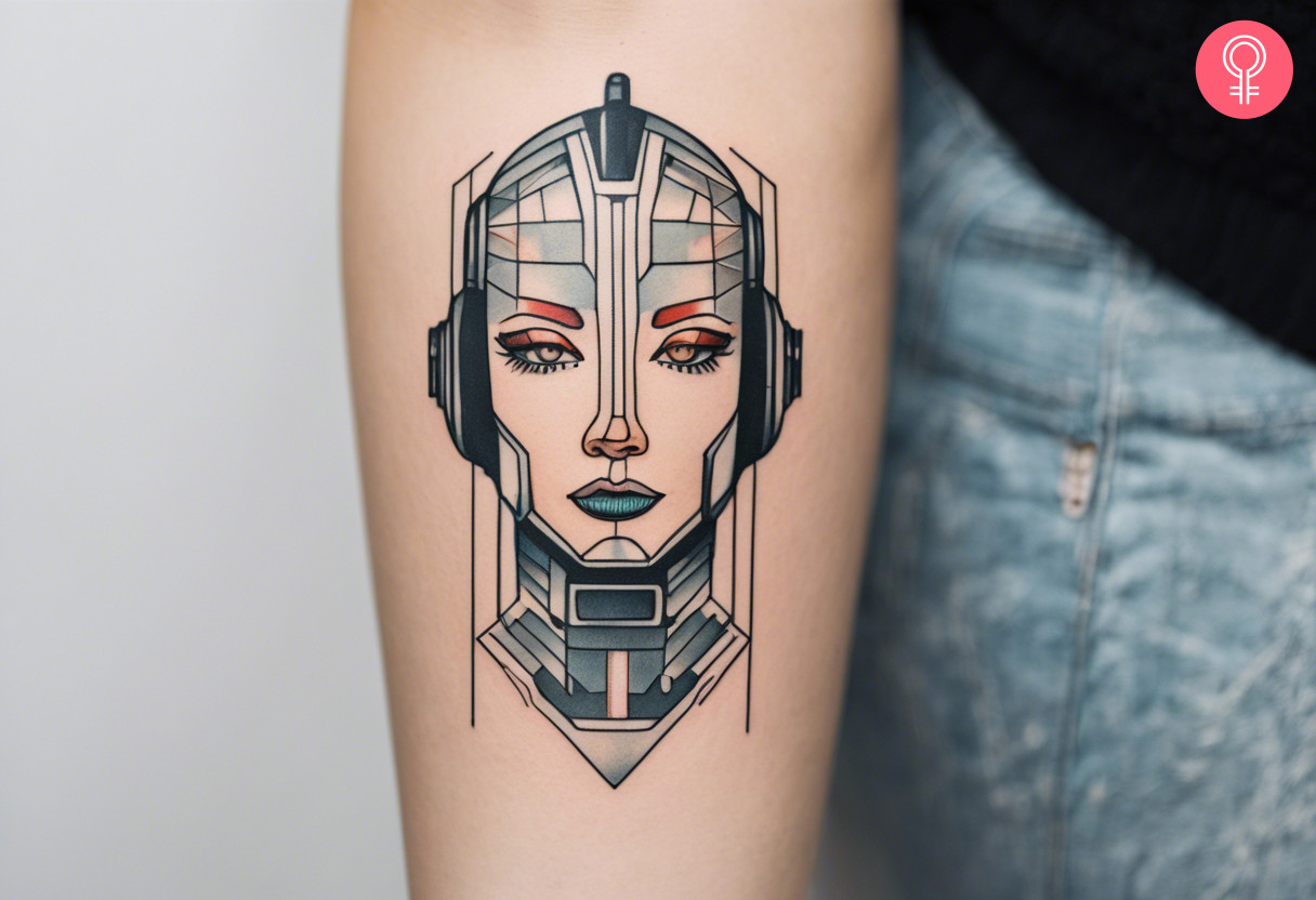 Woman with a robot forearm tattoo