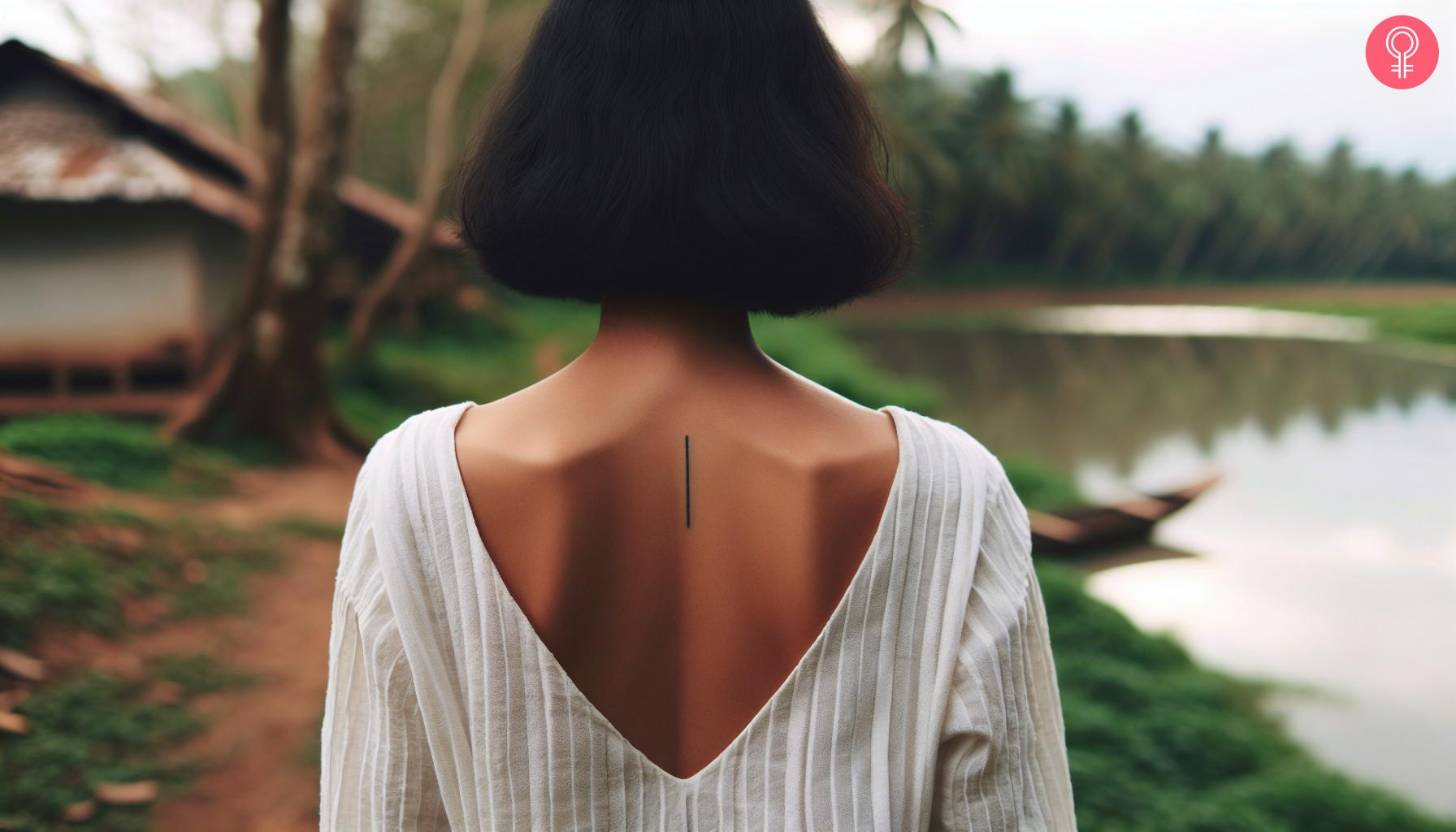 Woman with a straight line tattoo on her back