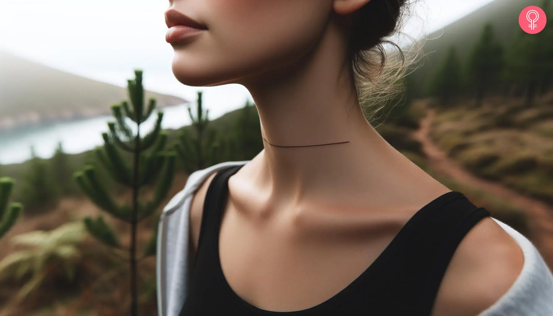 Woman with a straight line neck tattoo