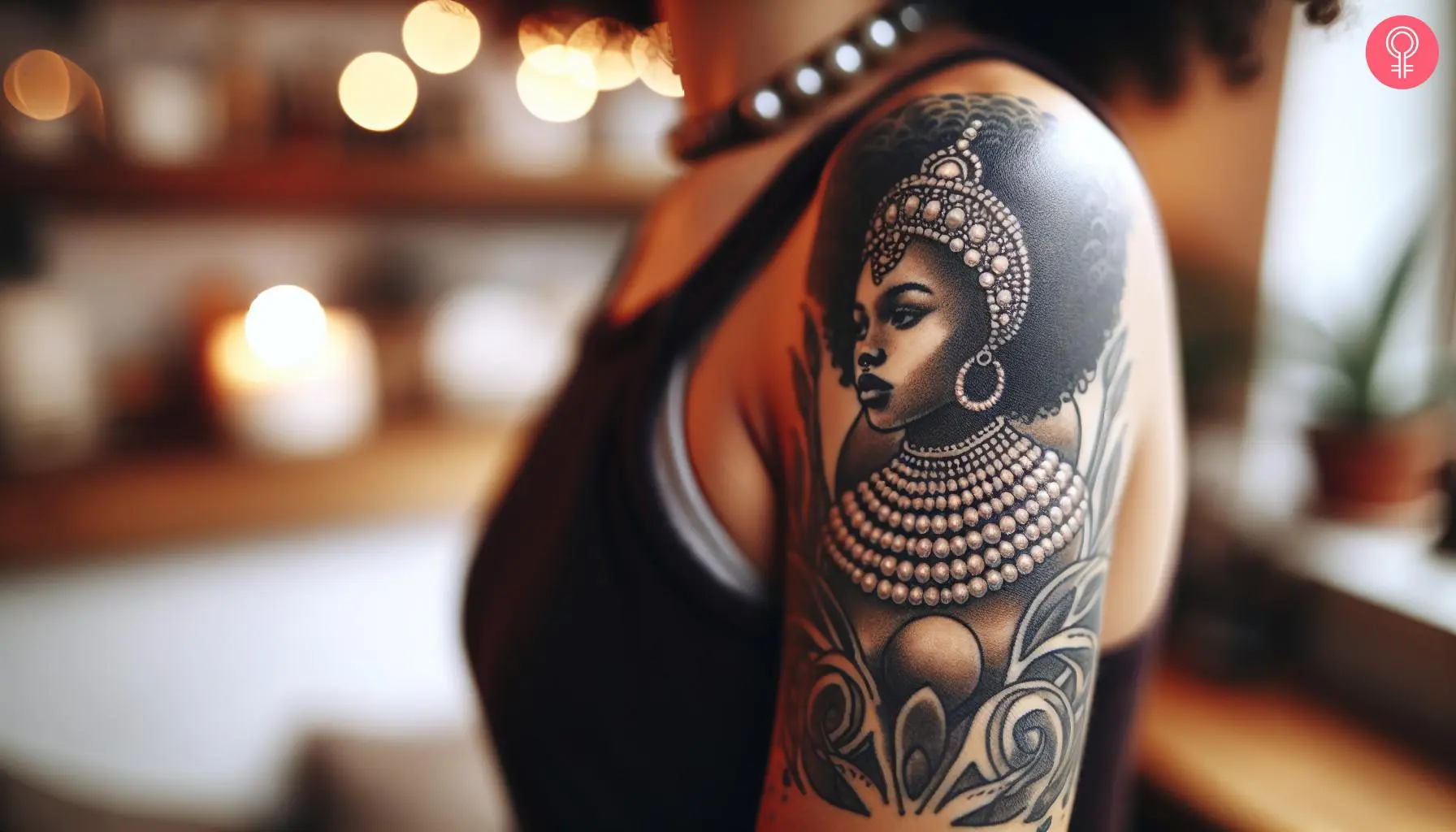 Woman with a tattoo on her upper arm of a woman wearing vintage pearls