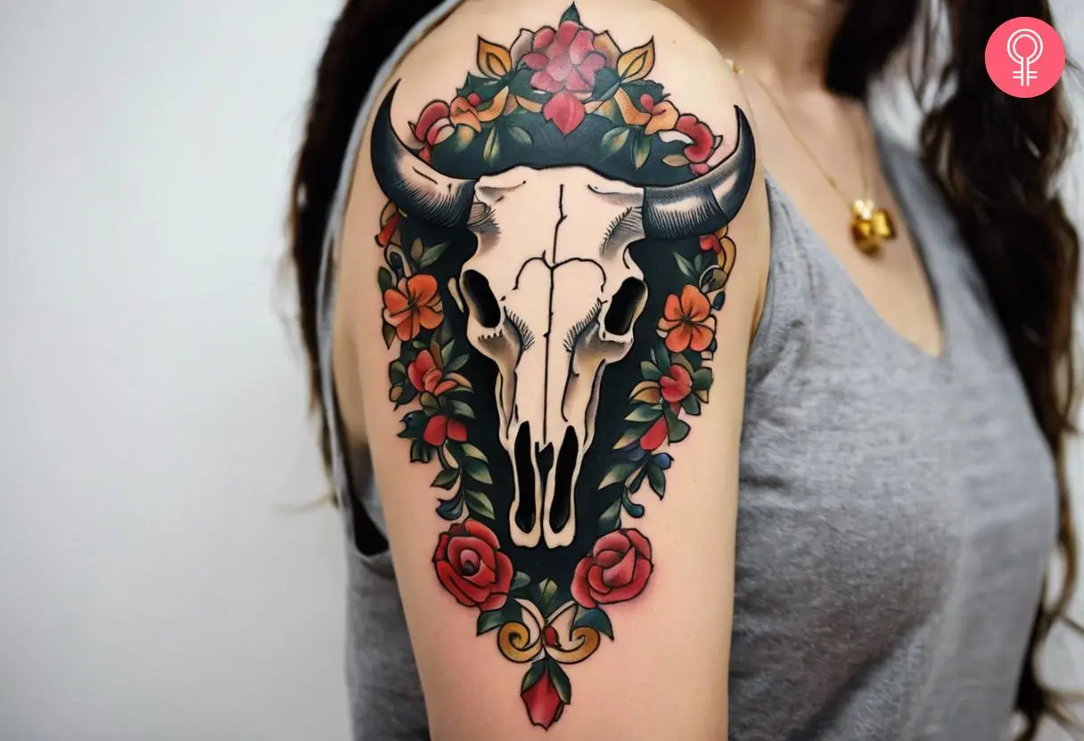 Woman with a traditional bull skull tattoo on the upper arm