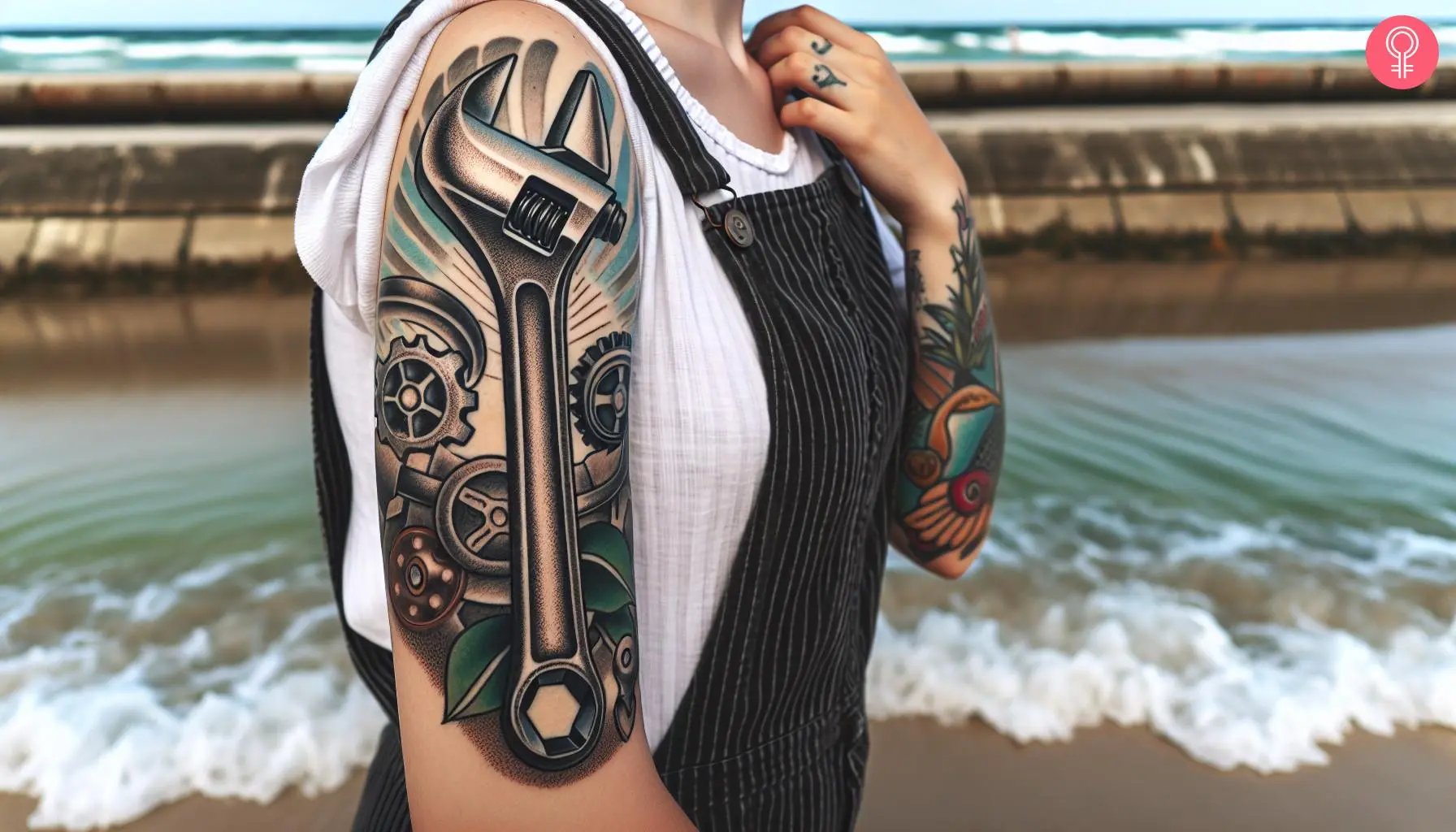 Woman with a traditional wrench tattoo on the upper arm