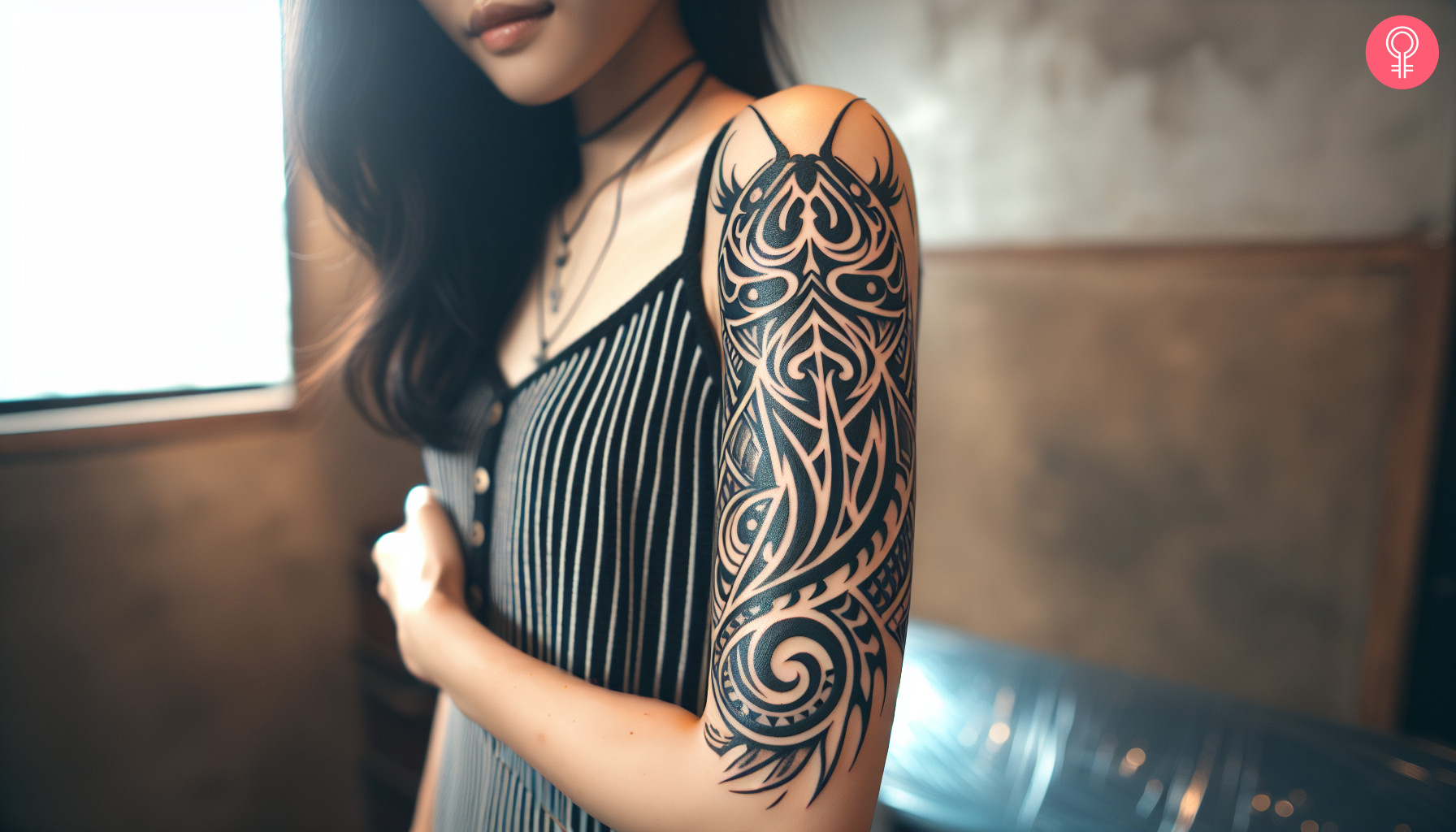 Woman with a tribal catfish tattoo on her upper arm