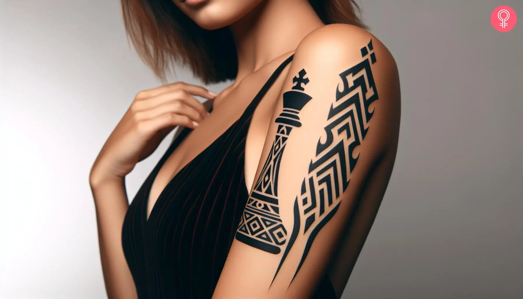 Woman with a tribal king chess piece tattoo