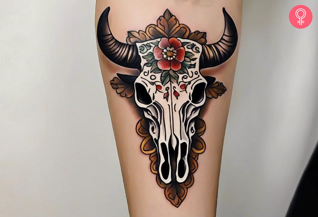 Woman with western bull skull tattoo on forearm