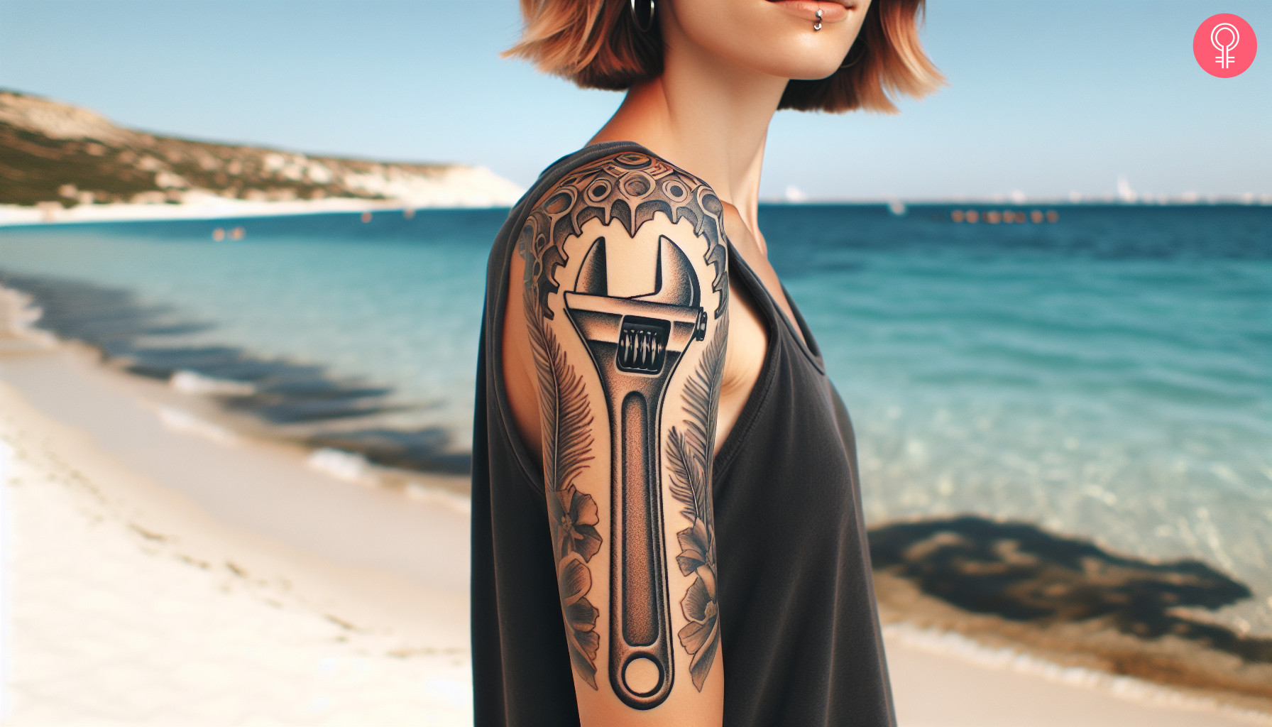 Woman with a wrench tattoo on the arm