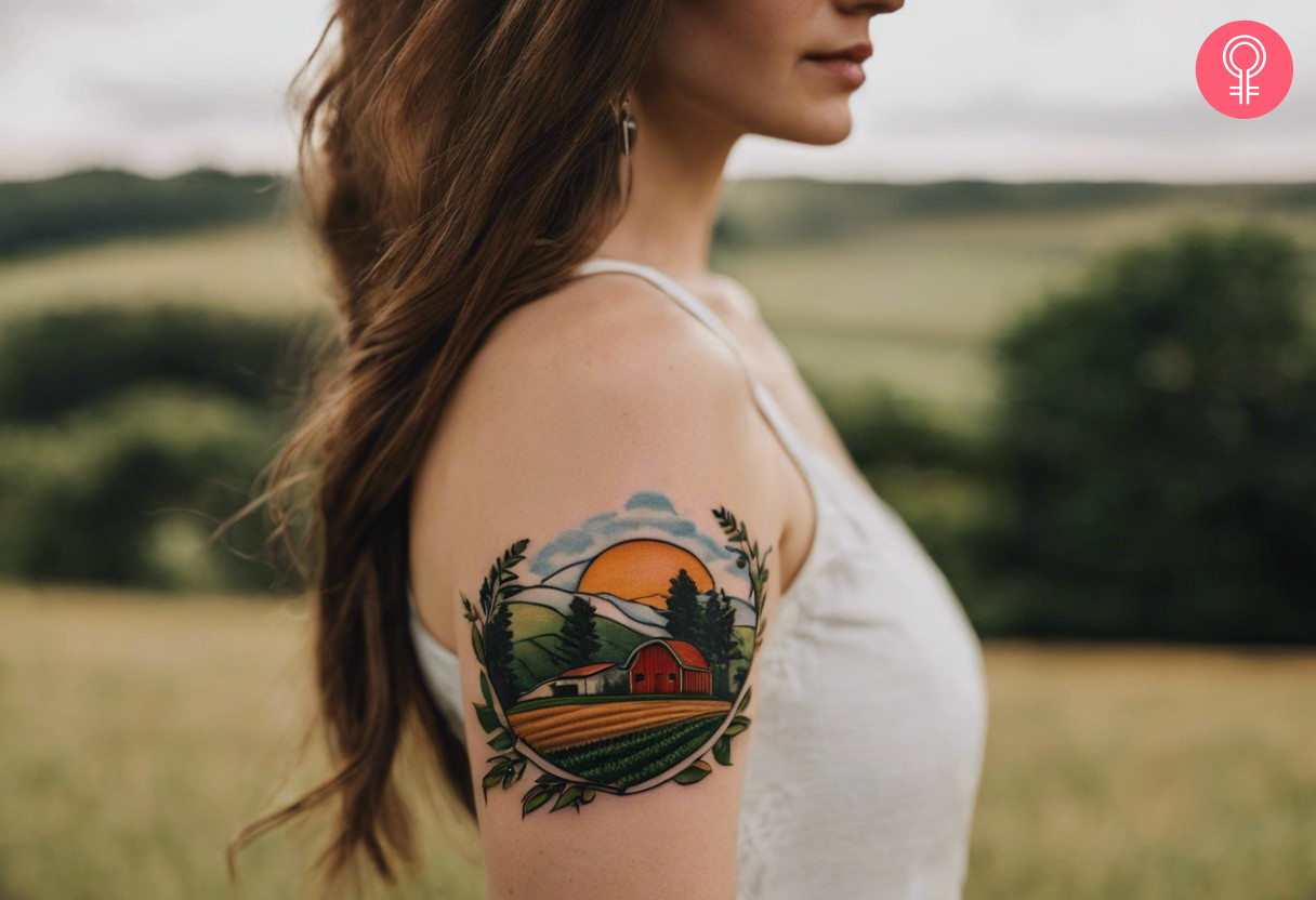 Woman with agriculture farm tattoo on her arm