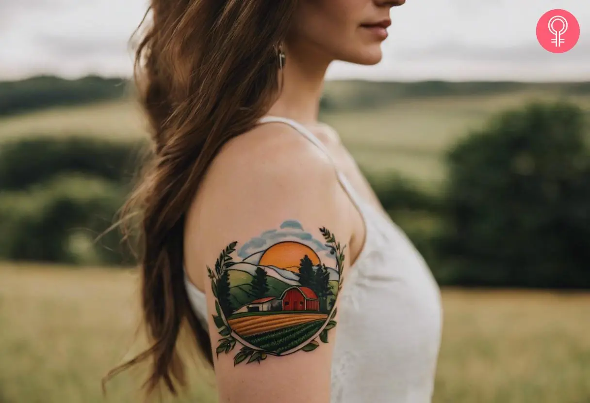 Woman with agriculture farm tattoo on her arm