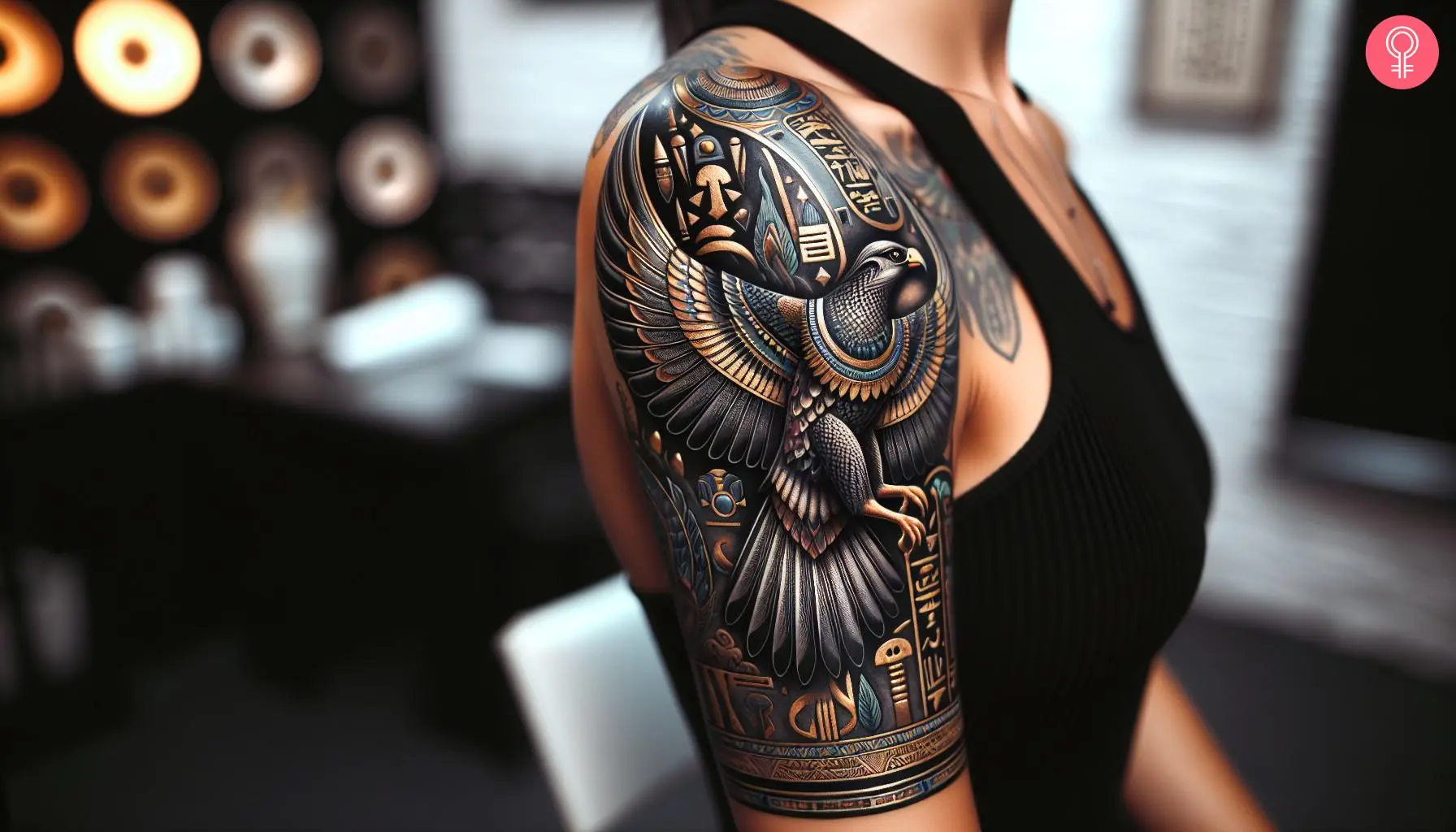 Woman with an Egyptian falcon tattoo