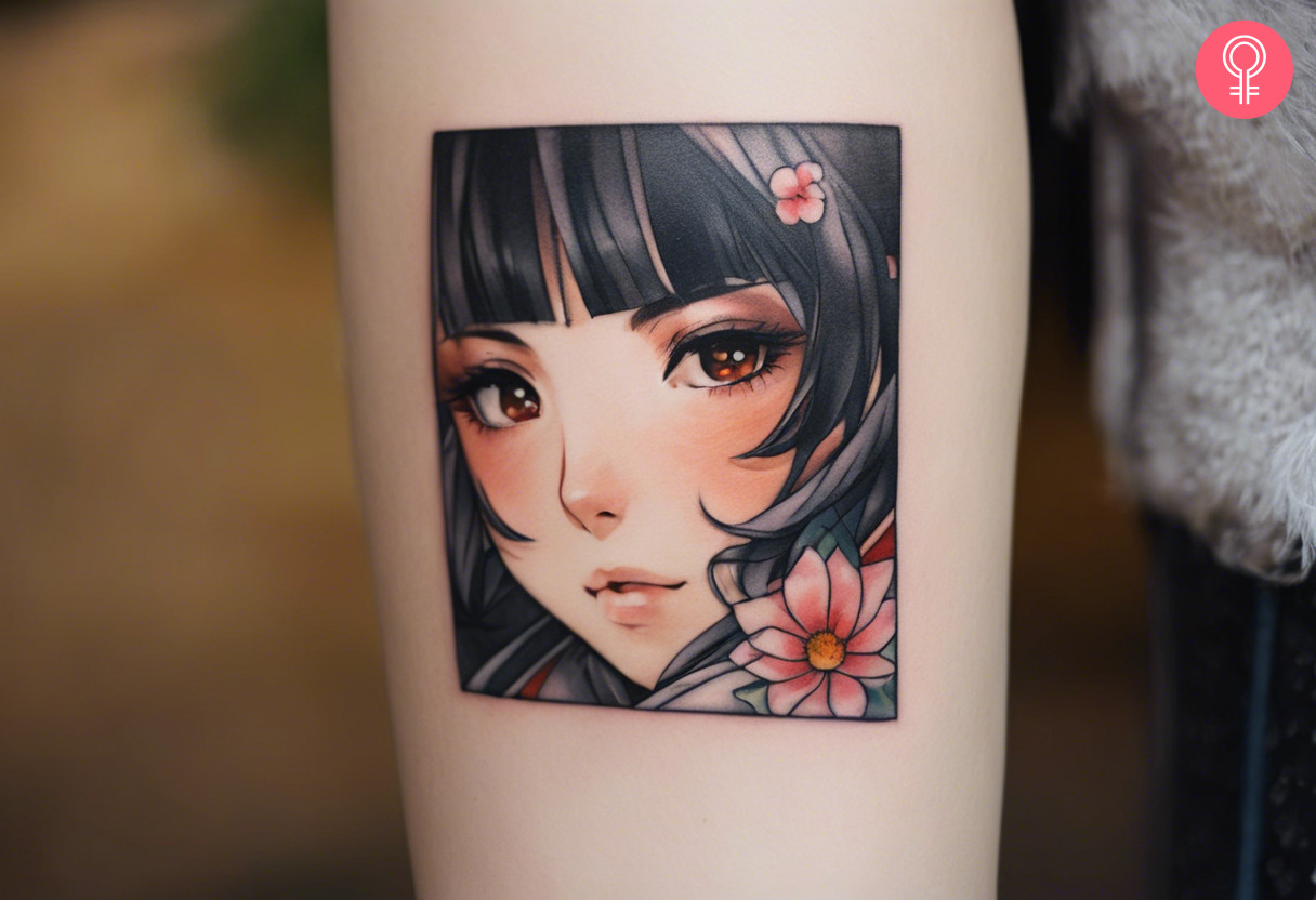 Woman with an anime square tattoo on the forearm