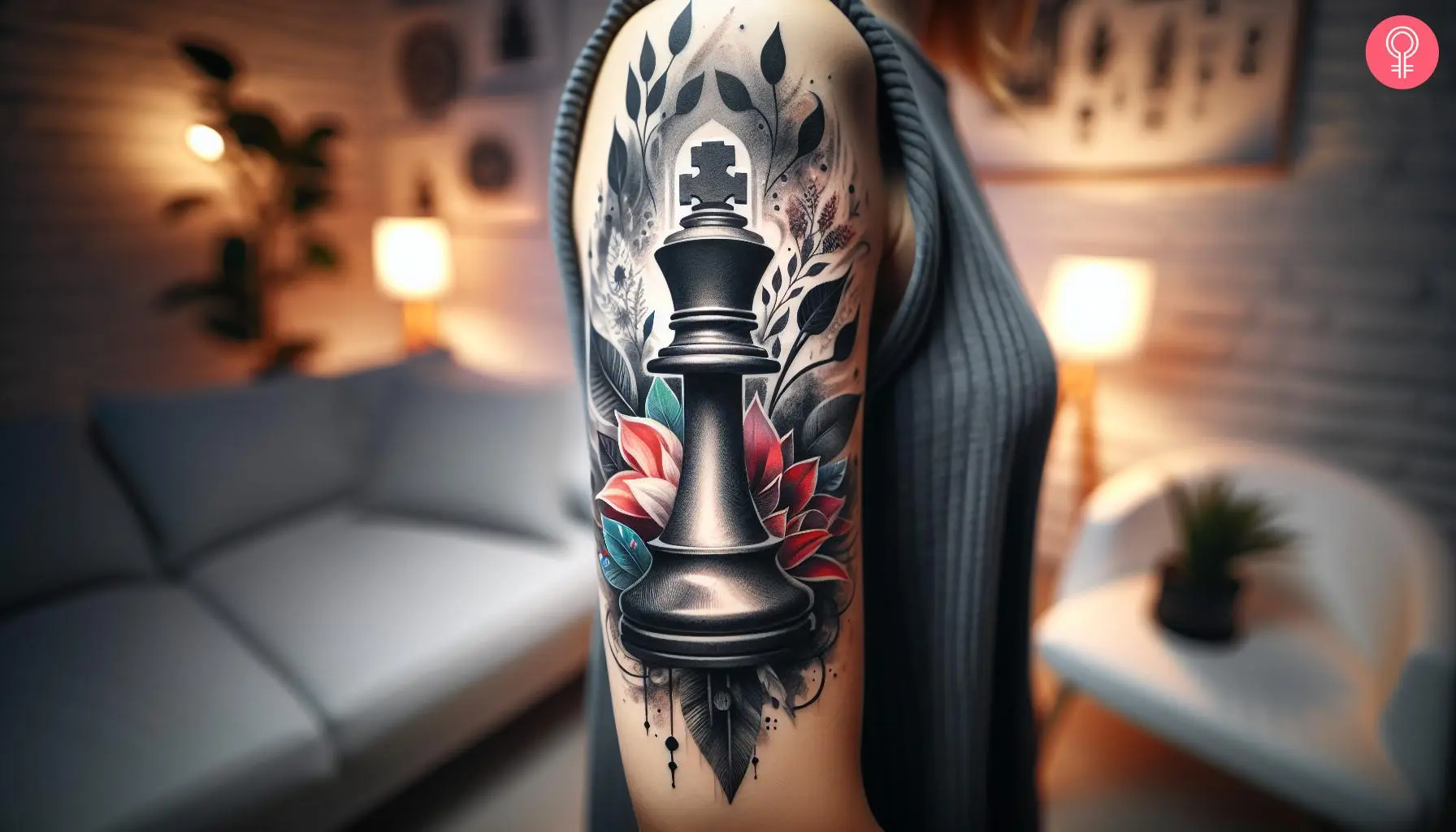 Woman with an art king chess piece tattoo